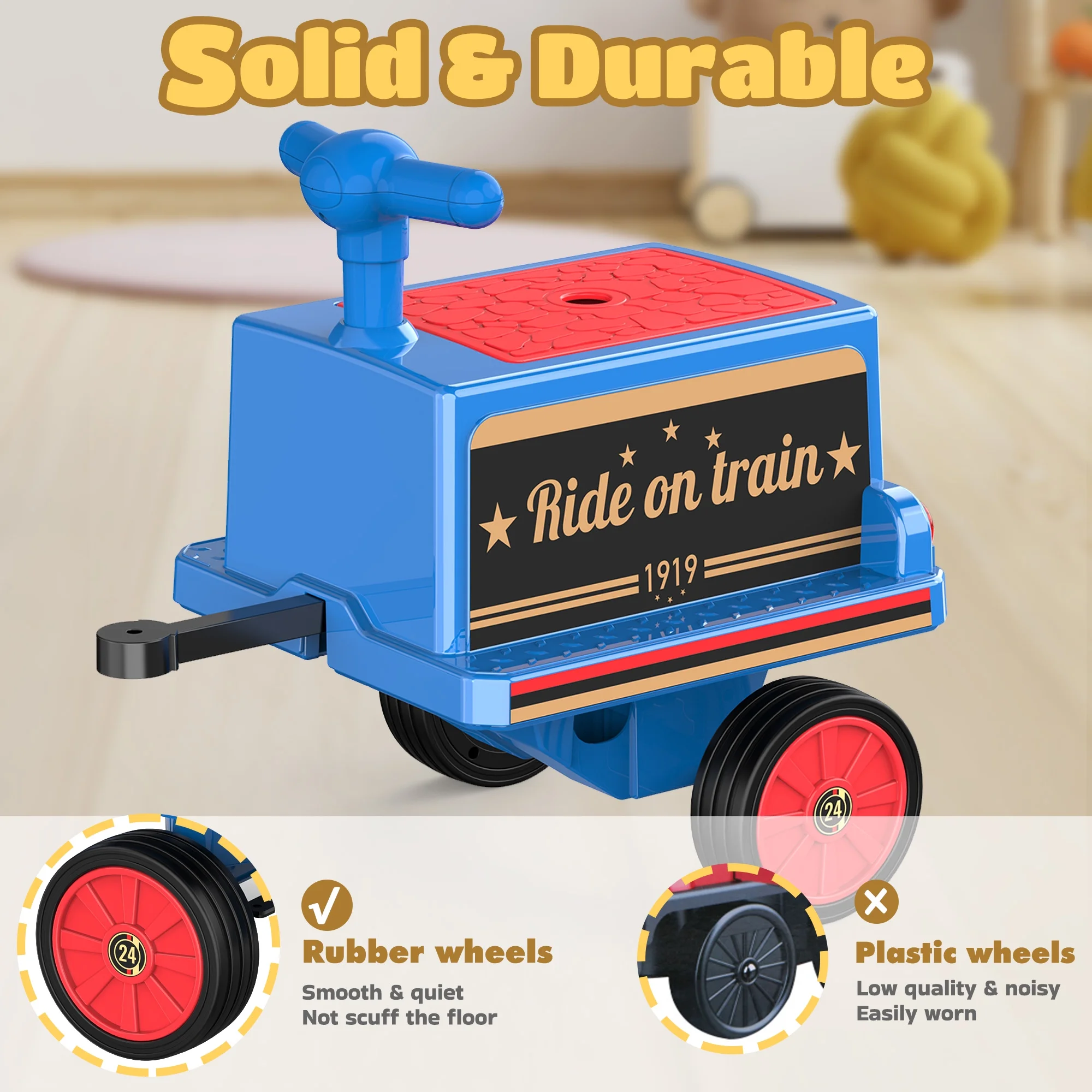 TOKTOO 12Volt 2 Seater Kids Ride on Train W/ Rubber Wheels, Storage Box, LED Headlight, Music Player-Black Red - Womvr