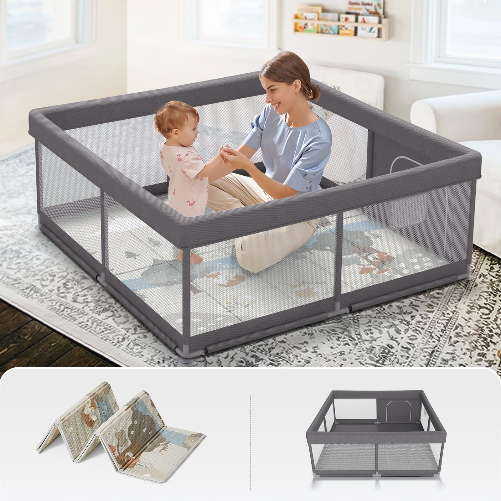 Pkinoicy 47x47inch Play Pen with Mat for Babies and Toddlers, Playpen with Mat, Baby Playpen with Mat, mall Baby Playpen with Mat - Womvr