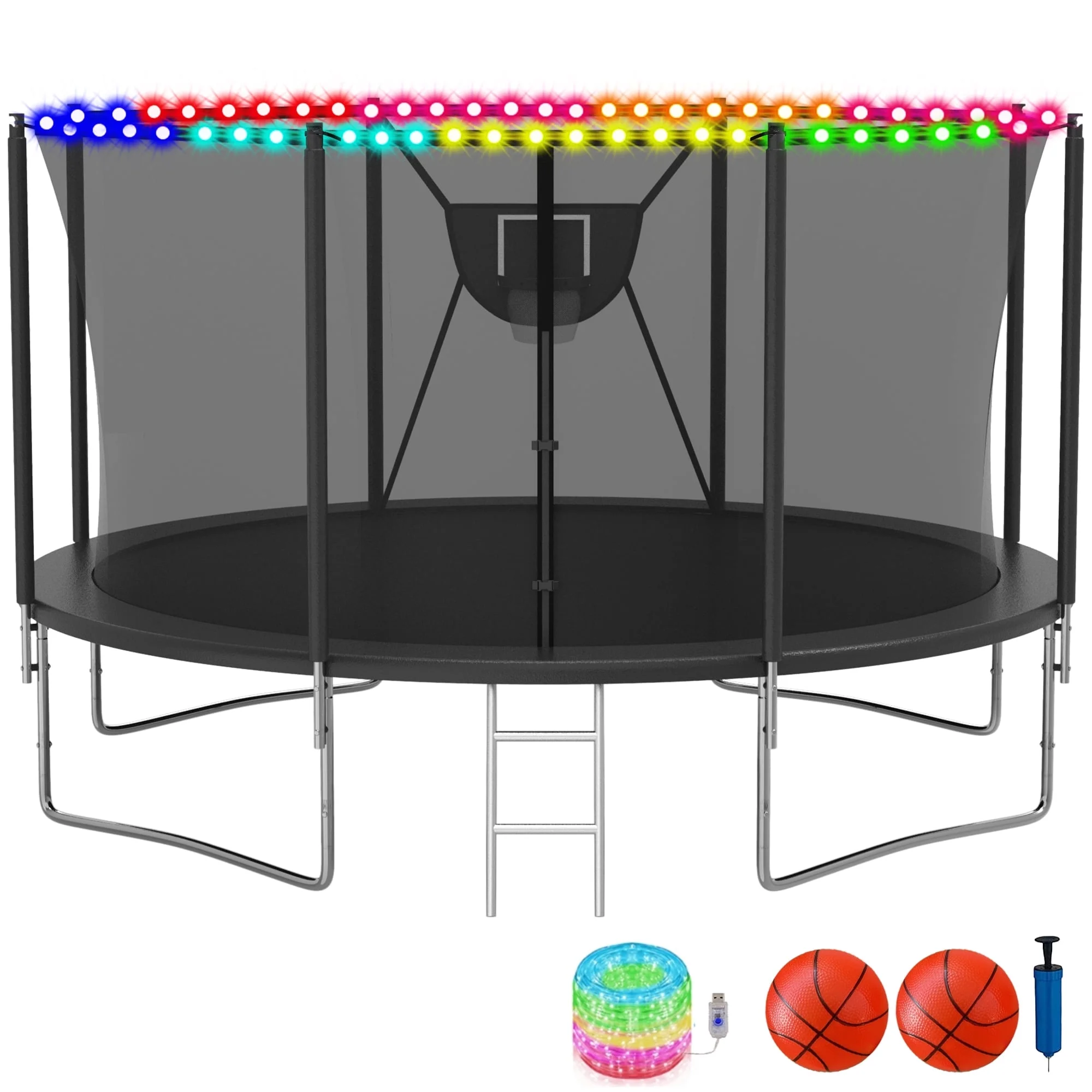 KOFUN Trampoline with Adjustable Basketball Hoop & Light, 1500lbs 10FT 12FT 14FT 16FT Trampoline for Adults and Kids, No Gap Design Backyard Trampoline with Enclosure Net, Ladder, Green - Womvr