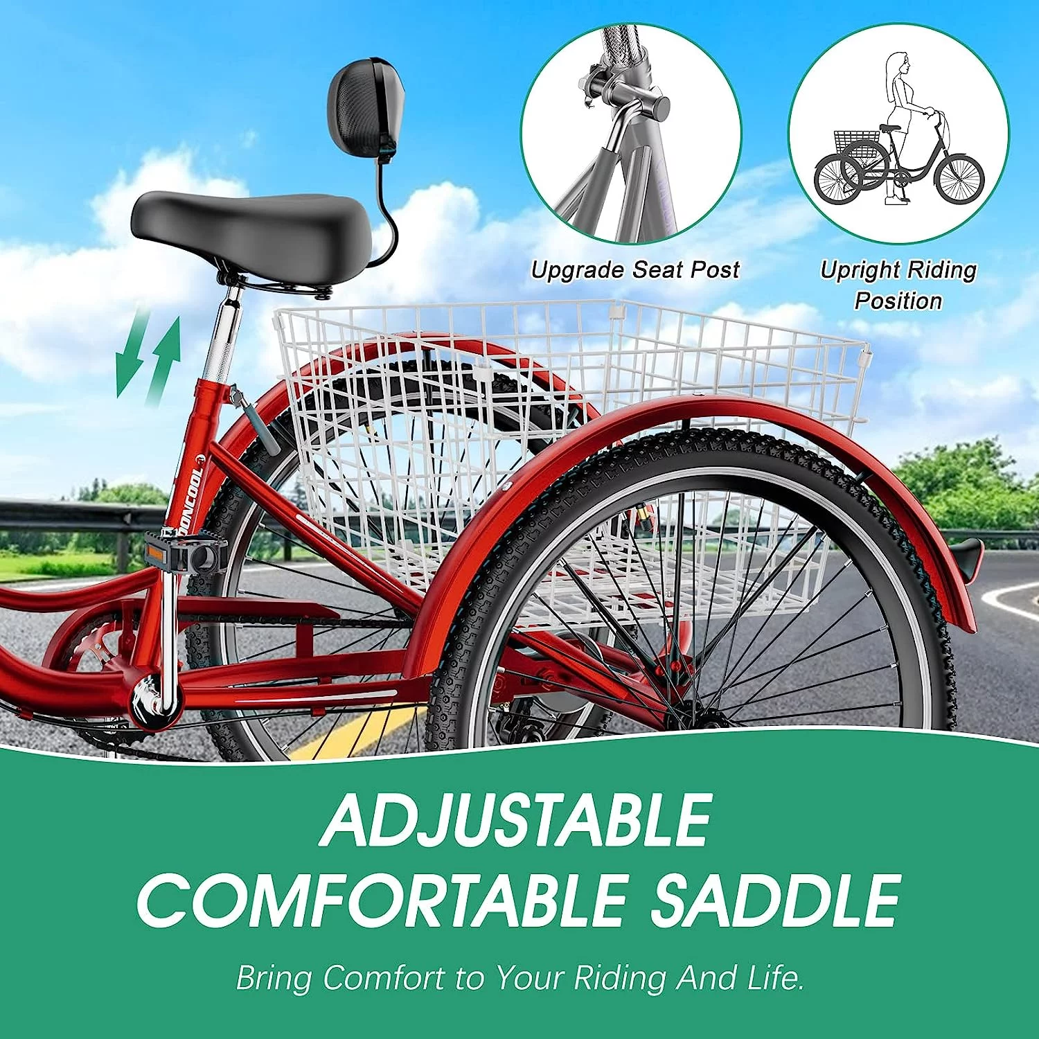 MOONCOOL Adult Tricycles with Rear Basket, 24 26 inch 7 Speed 3 Wheel Bikes, Three-Wheeled Bicycles Adult Trike with Backrest for Seniors, Women, Men - Womvr