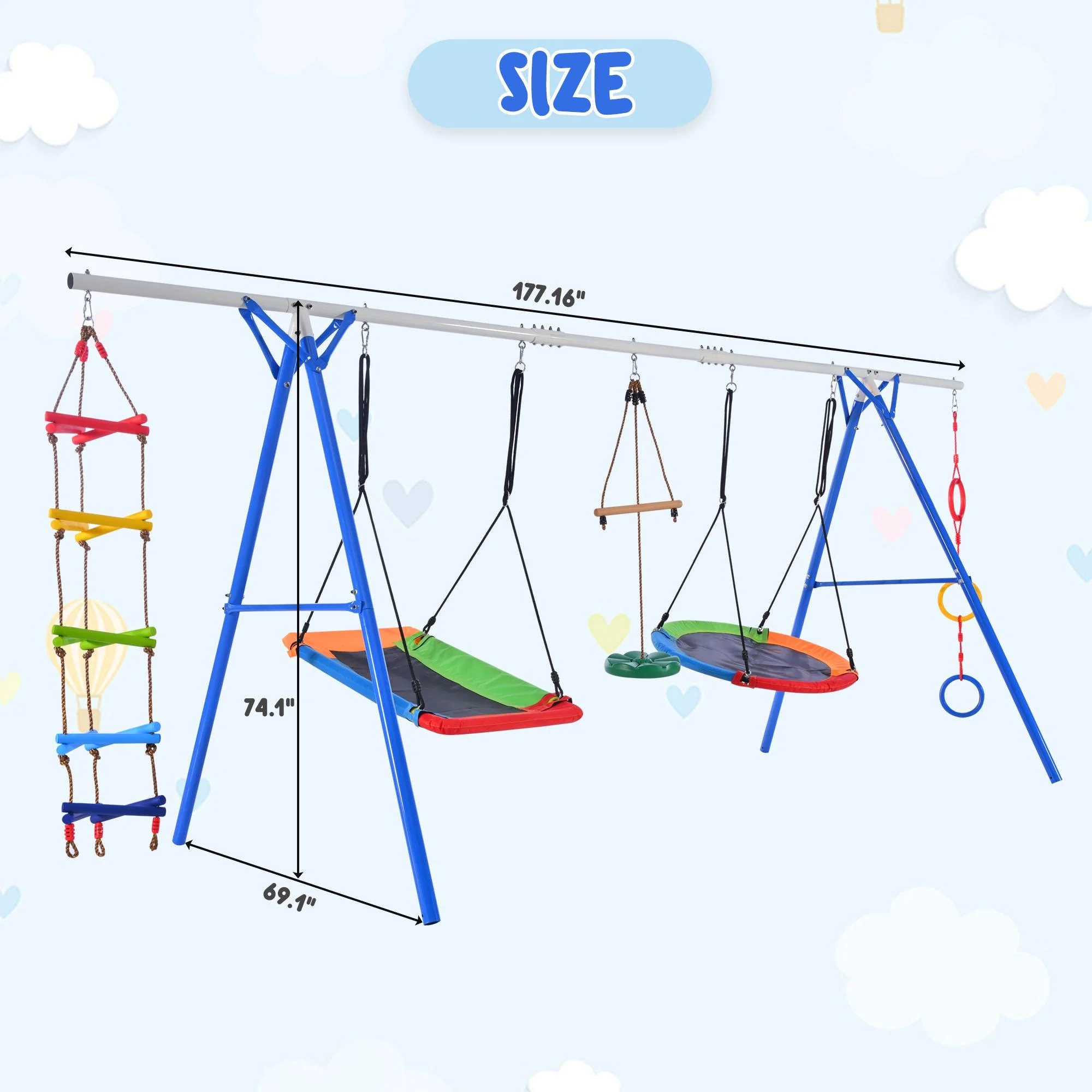 5 in 1 Metal Swing Set for Outside, Kids Backyard Swing Set with Swing Chair, Slide, Glider, Ground Nail, Outdoor Backyard Playground Swing Sets for 3-8 Year, Max Weight 700 lbs - Womvr