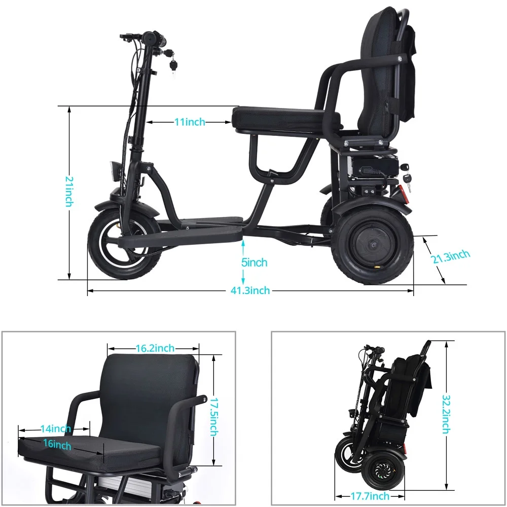 MotoTec Folding Mobility Electric Trike 48v 700w Dual Motor Lithium Black - Womvr