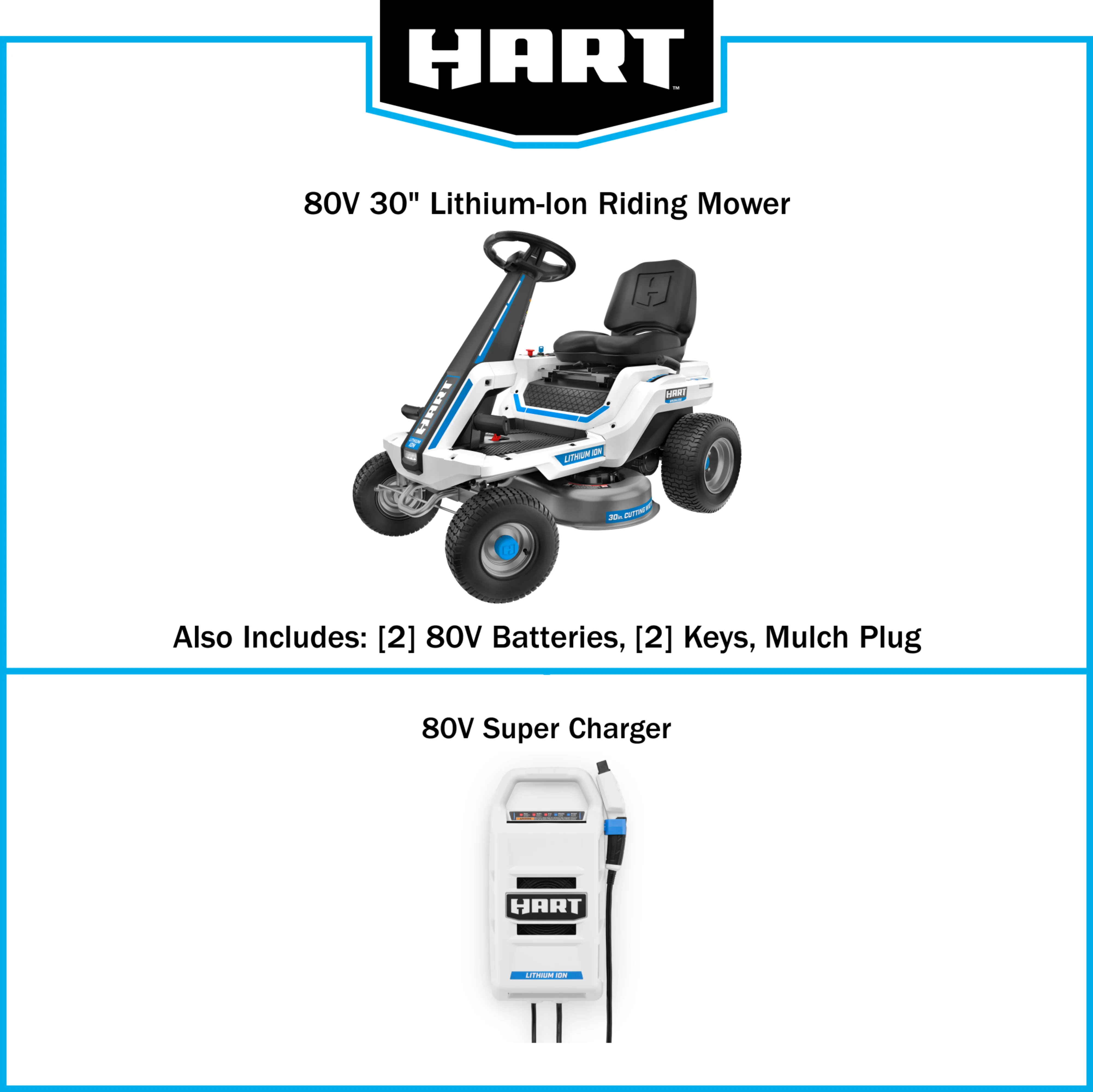HART 80-Volt 30-inch Deck Lithium-Ion Riding Lawn Mower Kit, (1) Super Charger - Womvr