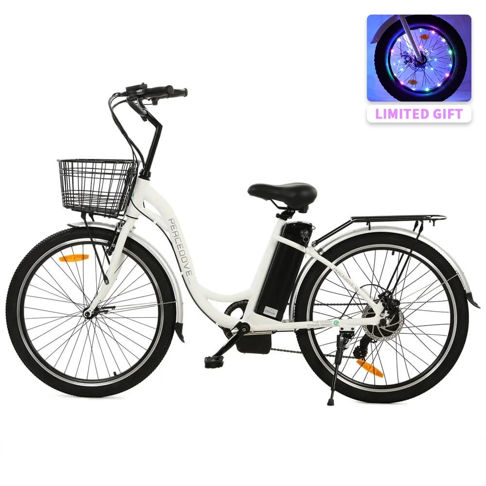 Ecotric 26 Inch 36 V 10 AH 350 W City Bike Electric Bicycle e-bike White with Basket 7 Speed Step Through Commuter for Women Girls A-E516646 - Womvr