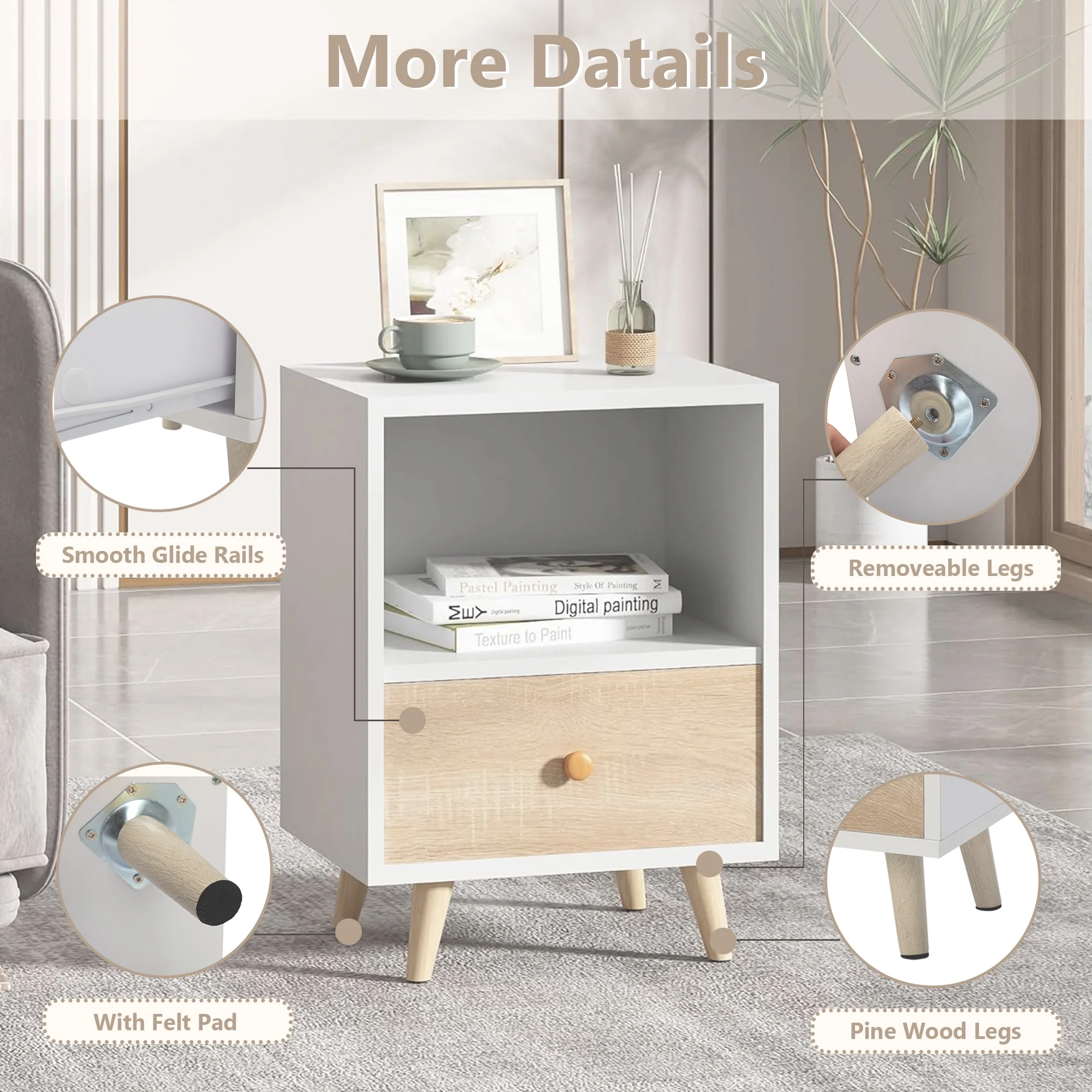 JAXPETY Nightstands Set of 2, Night Stand with 1 Drawer and Open Shelf Storage, End Table, Side Table, for Bedroom, Living Room, Natural Wood & White - Womvr
