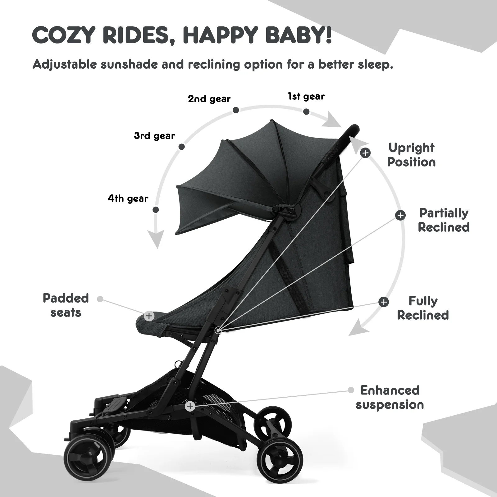 HARPPA Lightweight Travel Stroller, Compact Umbrella Stroller for Babies, Easy Folding, Black - Womvr