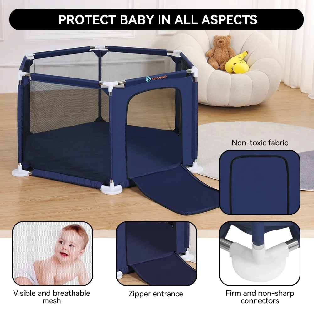 Baby Playpen, Travel Baby Playards, Baby Play Yard, 6Panels Portable Infant Play Game Area,Blue - Womvr