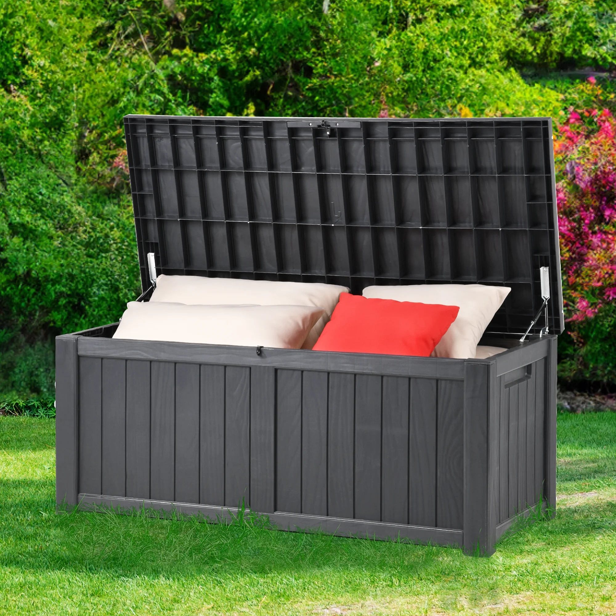 Dextrus Outdoor Storage Deck Box for Outdoor Pillows and Pool Supplies - Large Resin Patio Storage 120 Gallon Capacity, Lockable Lid, Waterproof (Brown) - Womvr