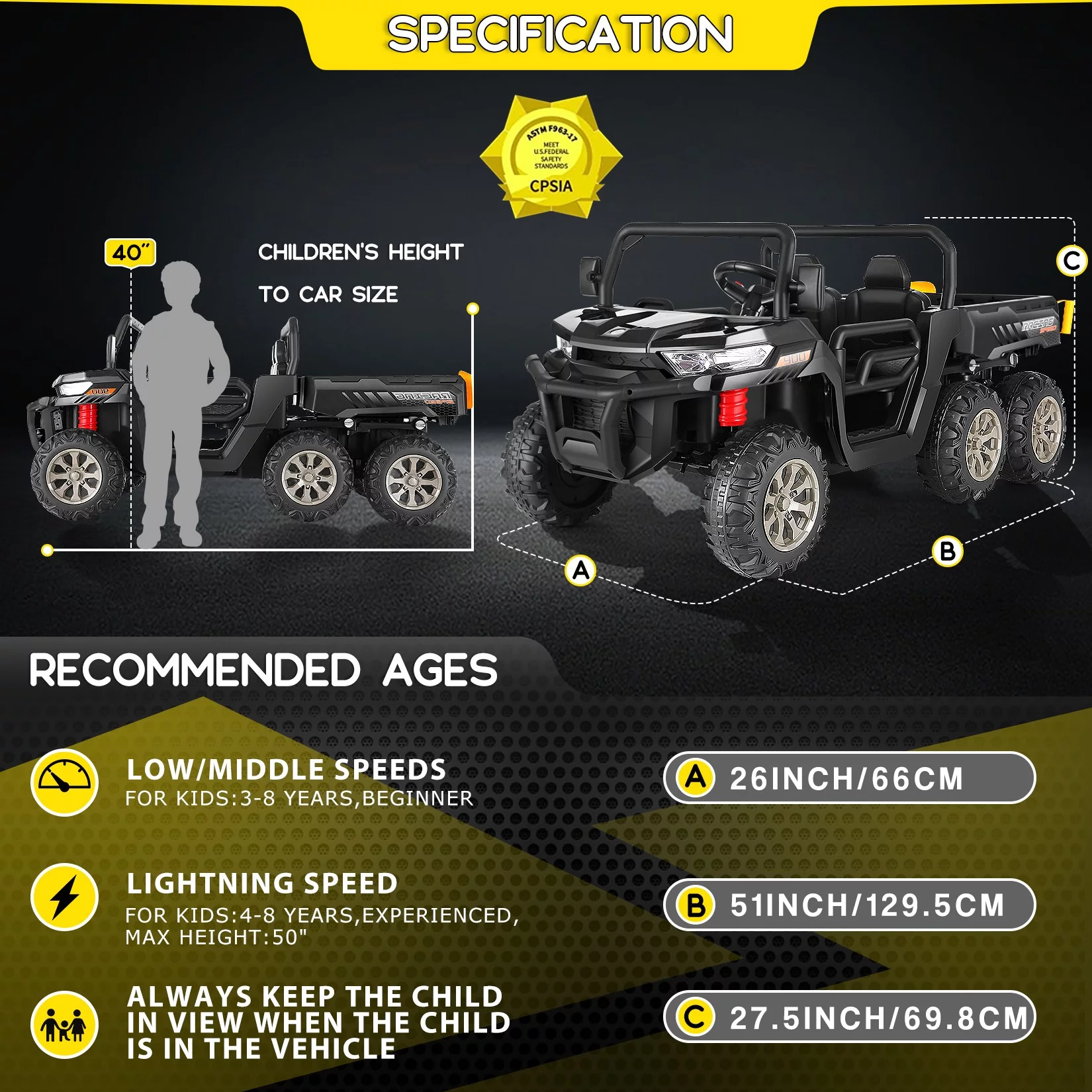 Funcid 24 V 4WD Kids Kids Ride on UTV with Remote Control, 2 Seater 6-Wheel Ride on Dump Truck Car, Ride on Toys w/ Tipping Bucket Trailer & Shovel,Bluetooth Music, Black - Womvr