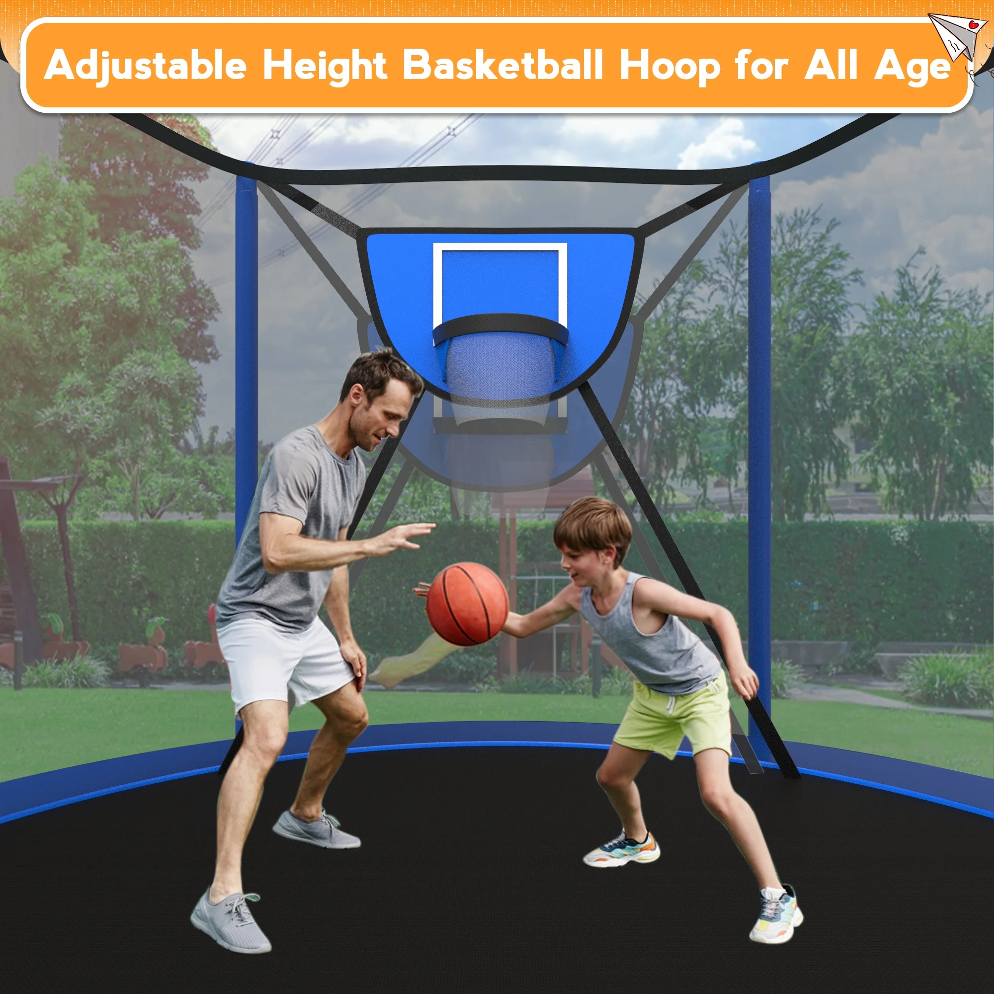 KOFUN Trampoline with Adjustable Basketball Hoop & Light, 1500lbs 10FT 12FT 14FT 16FT Trampoline for Adults and Kids, No Gap Design Backyard Trampoline with Enclosure Net, Ladder, Green - Womvr