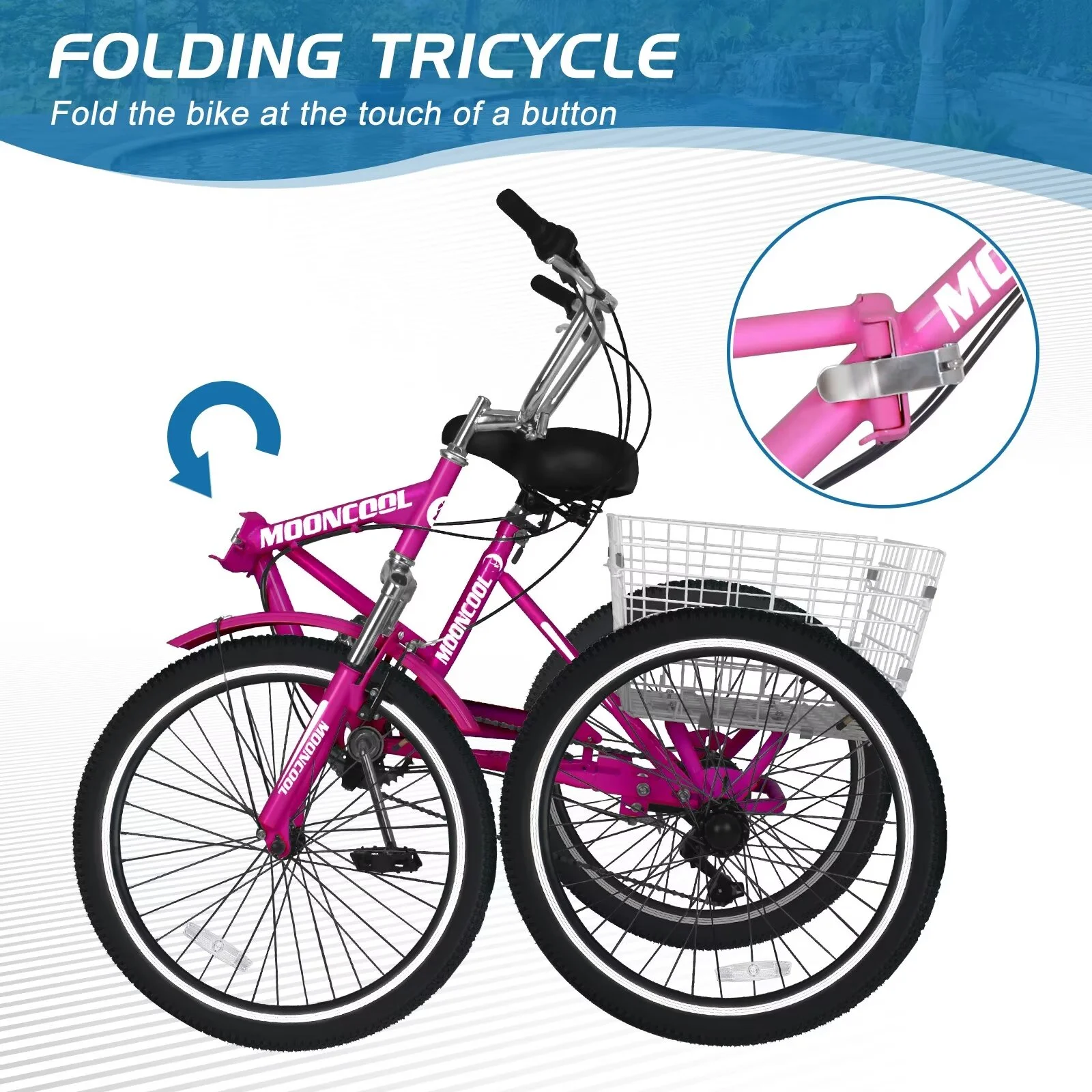 MOPHOTO 20/24/26 inch Adult Tricycle Folding 3 Wheel Cruiser Bikes 7 Speed, Portable and Foldable Trikes with Cargo Basket for Men & Women Outdoor Cycling, Purple - Womvr