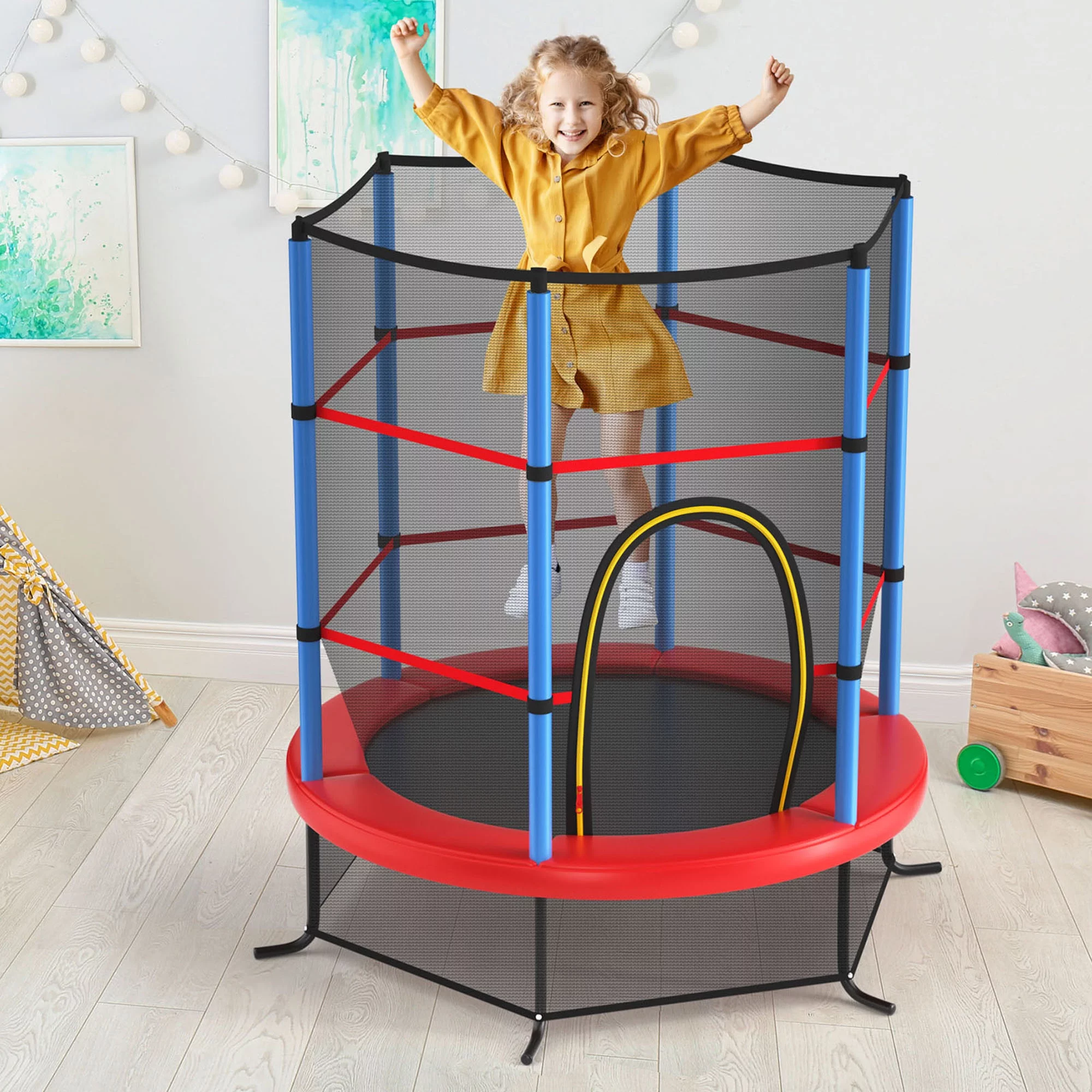 Gymax 55'' Recreational Trampoline for Kids Toddler Trampoline w/ Enclosure Net Navy - Womvr