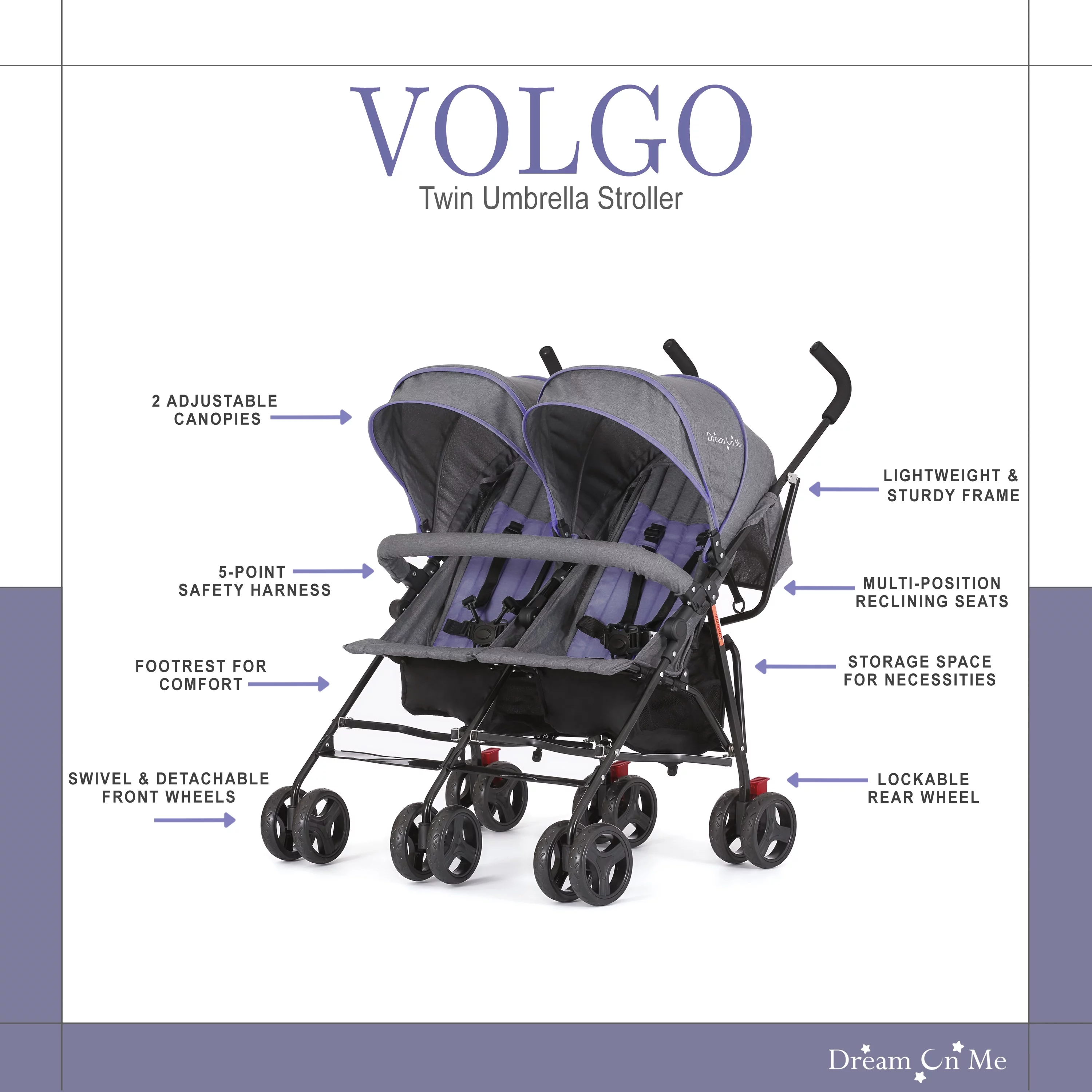 Dream On Me Vo o Twin Umbrella Stroller in Gray, Lightweight Double Stroller for Infant & Toddler, Compact Easy Fold, Large Storage Basket, Large and Adjustable Canopy - Womvr