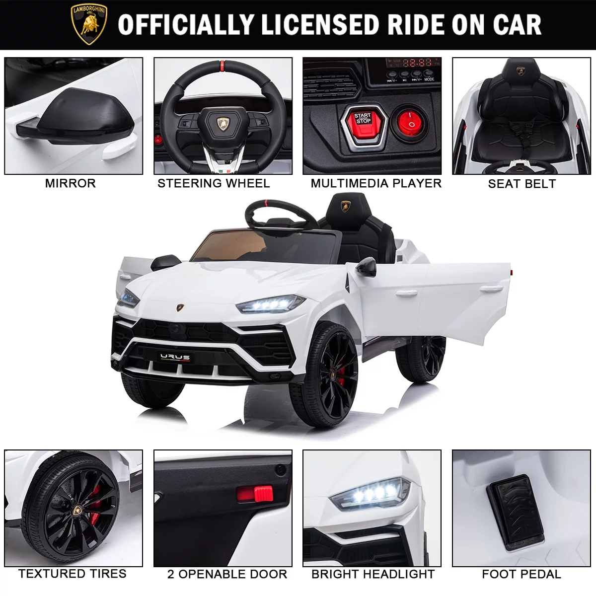 FUNTOK Lamborghini Urus 12V Electric Powered Ride on Car for Kids, with Remote Control, Foot Pedal, MP3 Player and LED Headlights - Womvr
