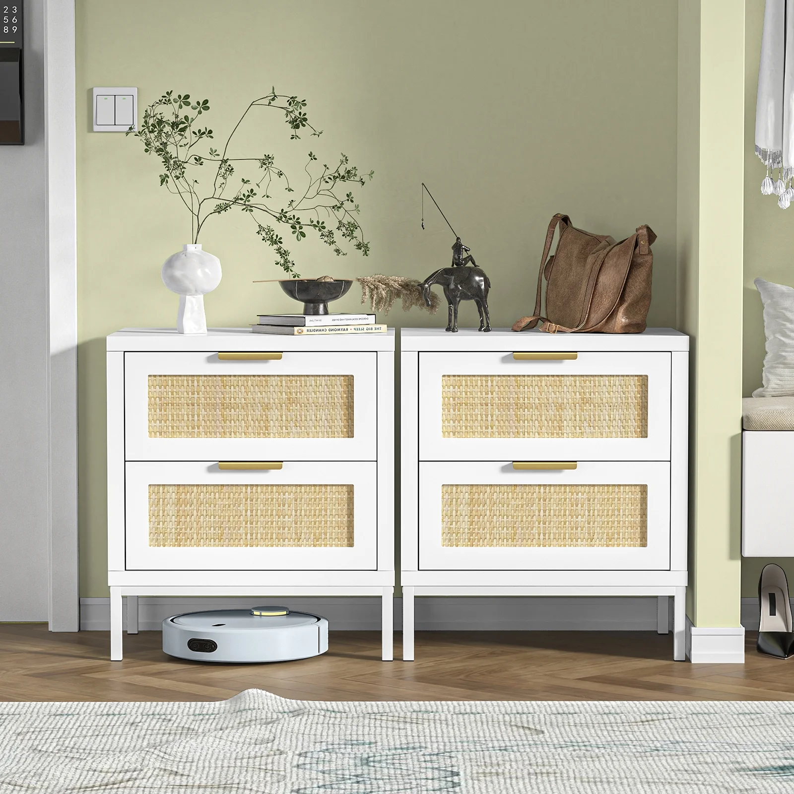 Eumyviv Modern Farmhouse Nightstands with 2 Rattan Drawer,Wood Bedside Table Storage Cabinet for Bedroom, Living Room,Natural Oak H0021 - Womvr