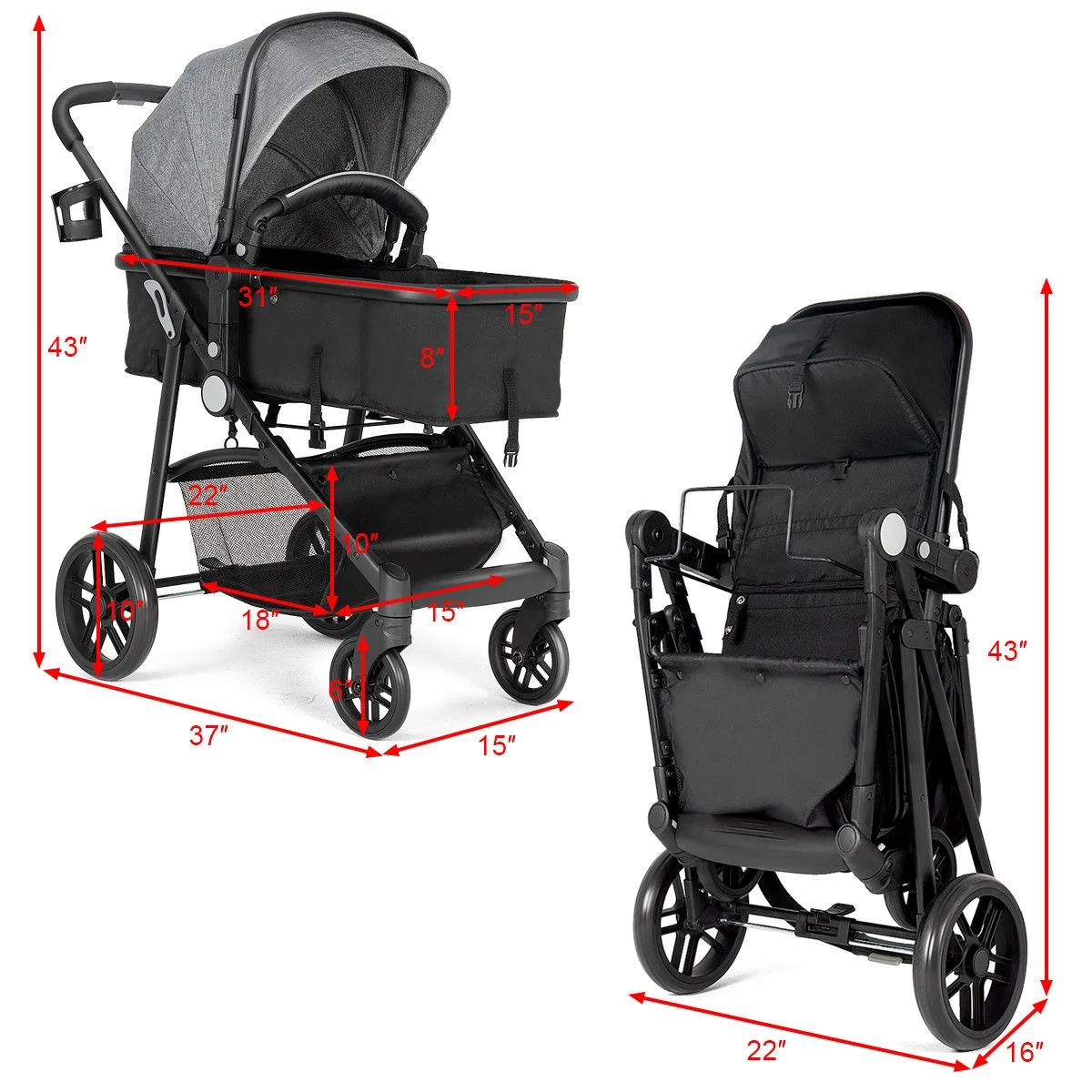 Costway Foldable Baby Stroller 2 in1 Newborn Infant Travel Buggy Pushchair Black - Womvr