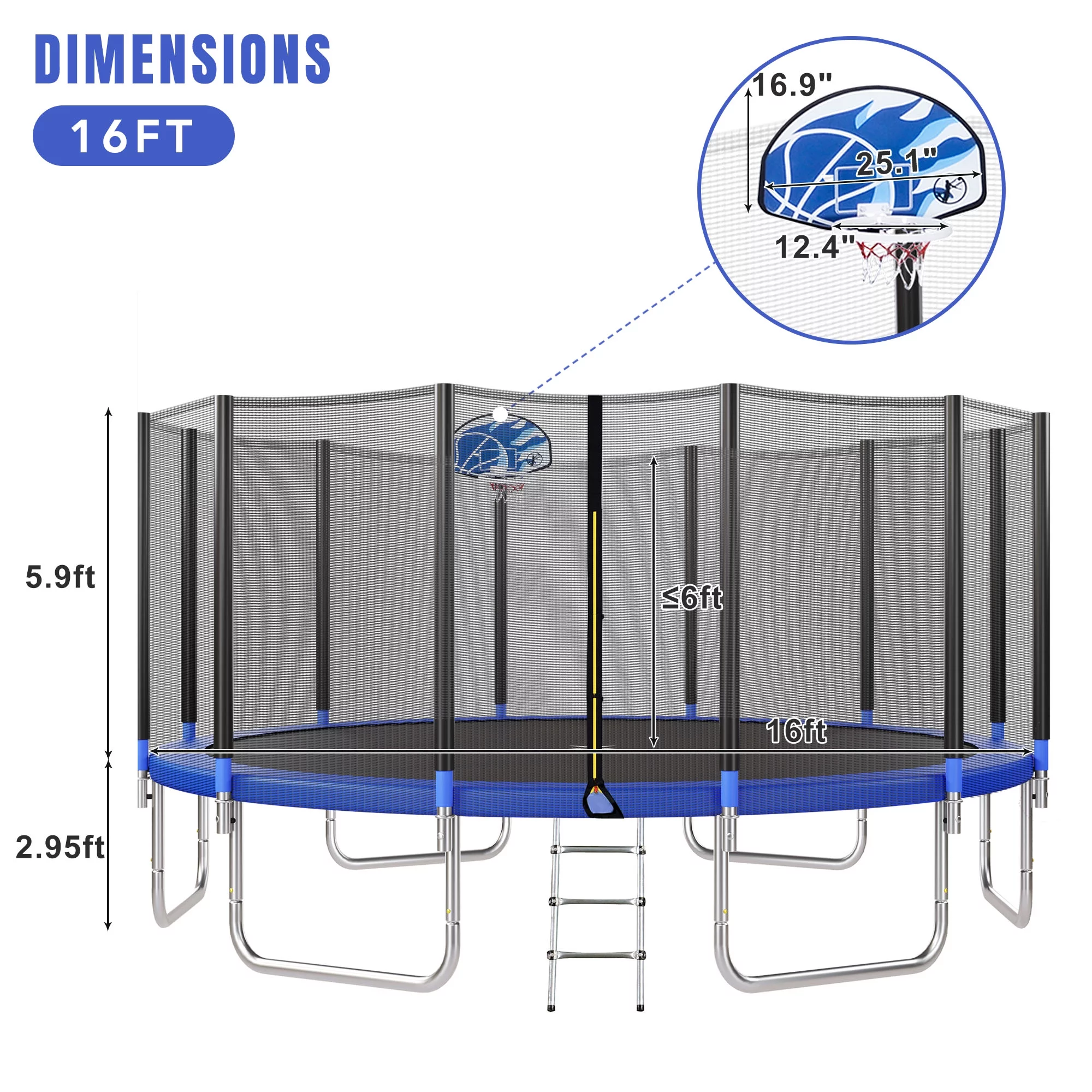 EUROCO 1500LB 16FT Trampoline for Adults and Kids,  Trampoline with Enclosure ,Ladder,Basketball Hoop,Heavy Duty Recreational Trampoline Capacity for 9-10 Kids - Womvr