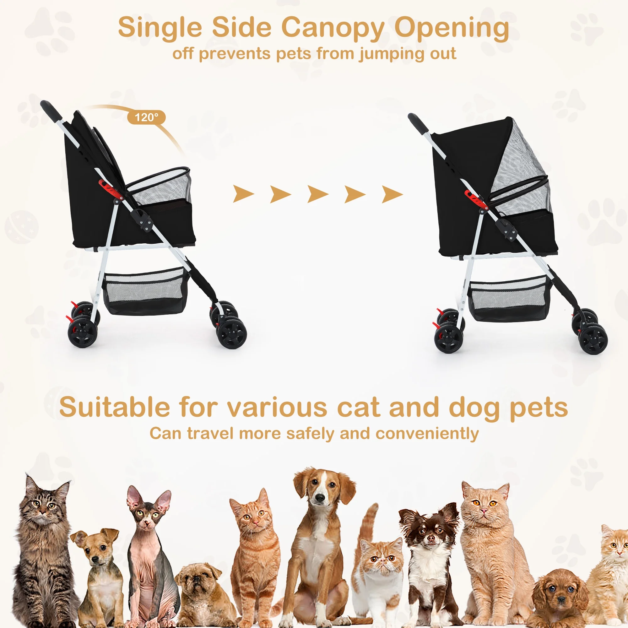 Zoolike Pet Stroller Cat Dog Cage Stroller Travel Folding Carrier .Foldable Carrier Strolling Cart for Small Medium Dog, Cat W/ Storage Basket ,Safety Tether ,Black - Womvr