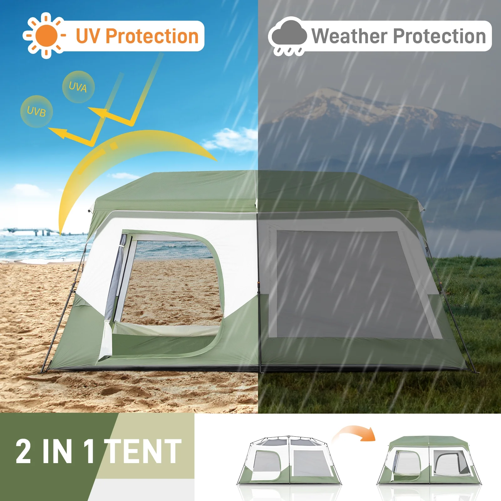 Zimtown Family Camping Tents 10 People Three Rooms Polyester Cloth Fiberglass Poles Dark Gray - Womvr