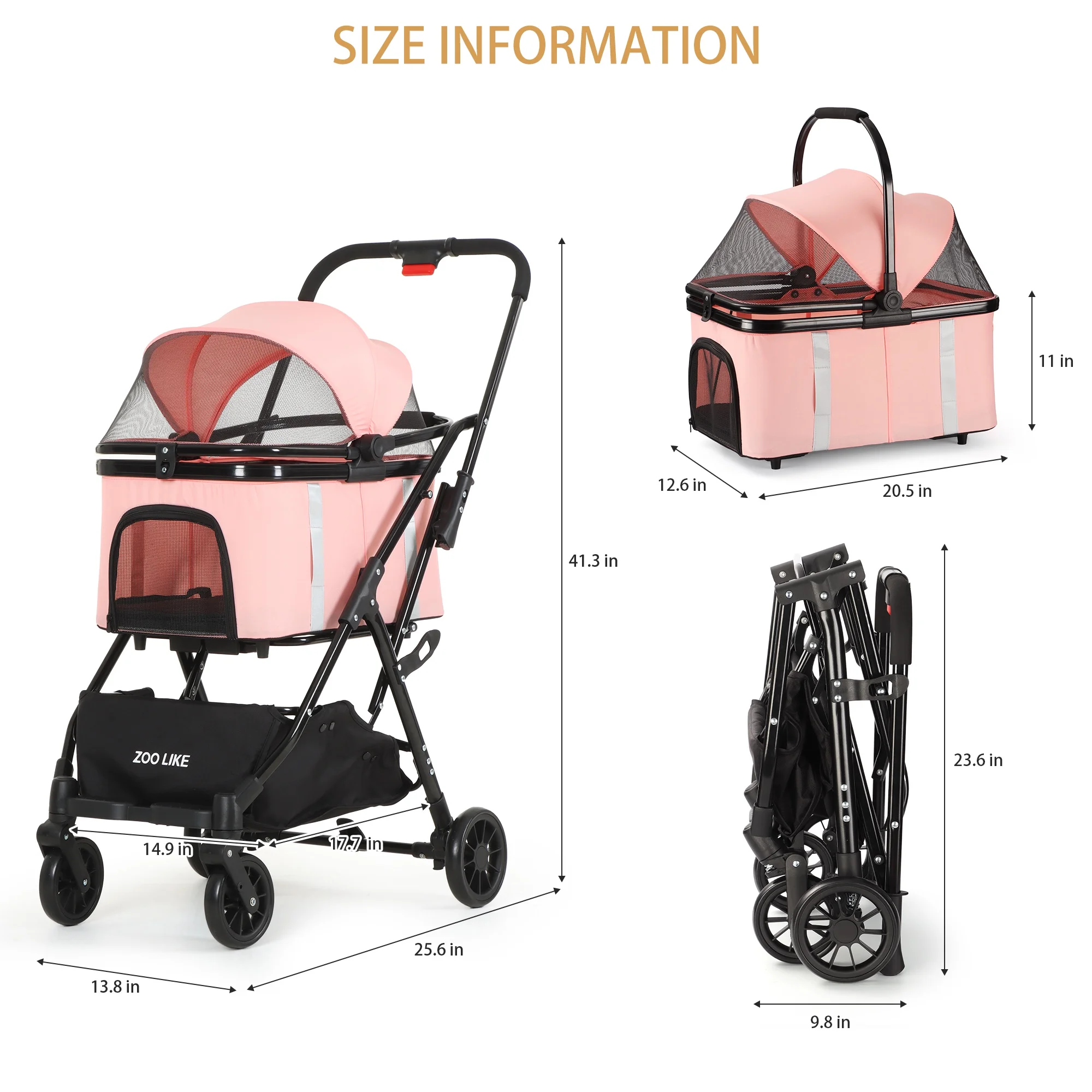 Zoolike Pet Stroller, Dog Cat Stroller 3-in-1 Detachable Doggy Stroller for Small Medium Dogs 4 Wheel Dog Travel Jogger Cart Cat Walker Foldable Wagons for Doggy Rabbit Puppy, Gray - Womvr