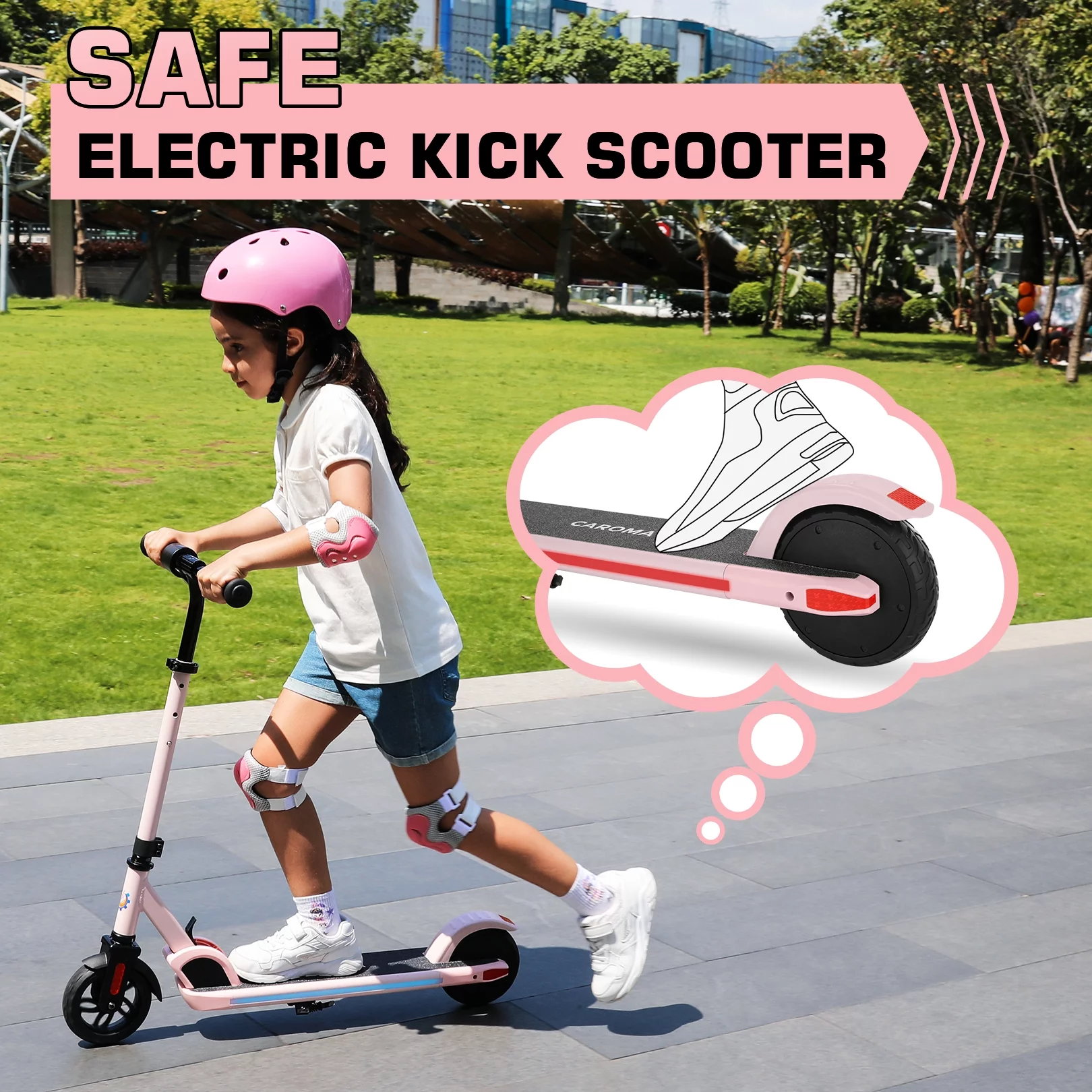 Caroma Kids Electric Scooter, 6+ Boys and Girls Safe Kick Scooter, Adjustable Speed and Handlebar - Womvr