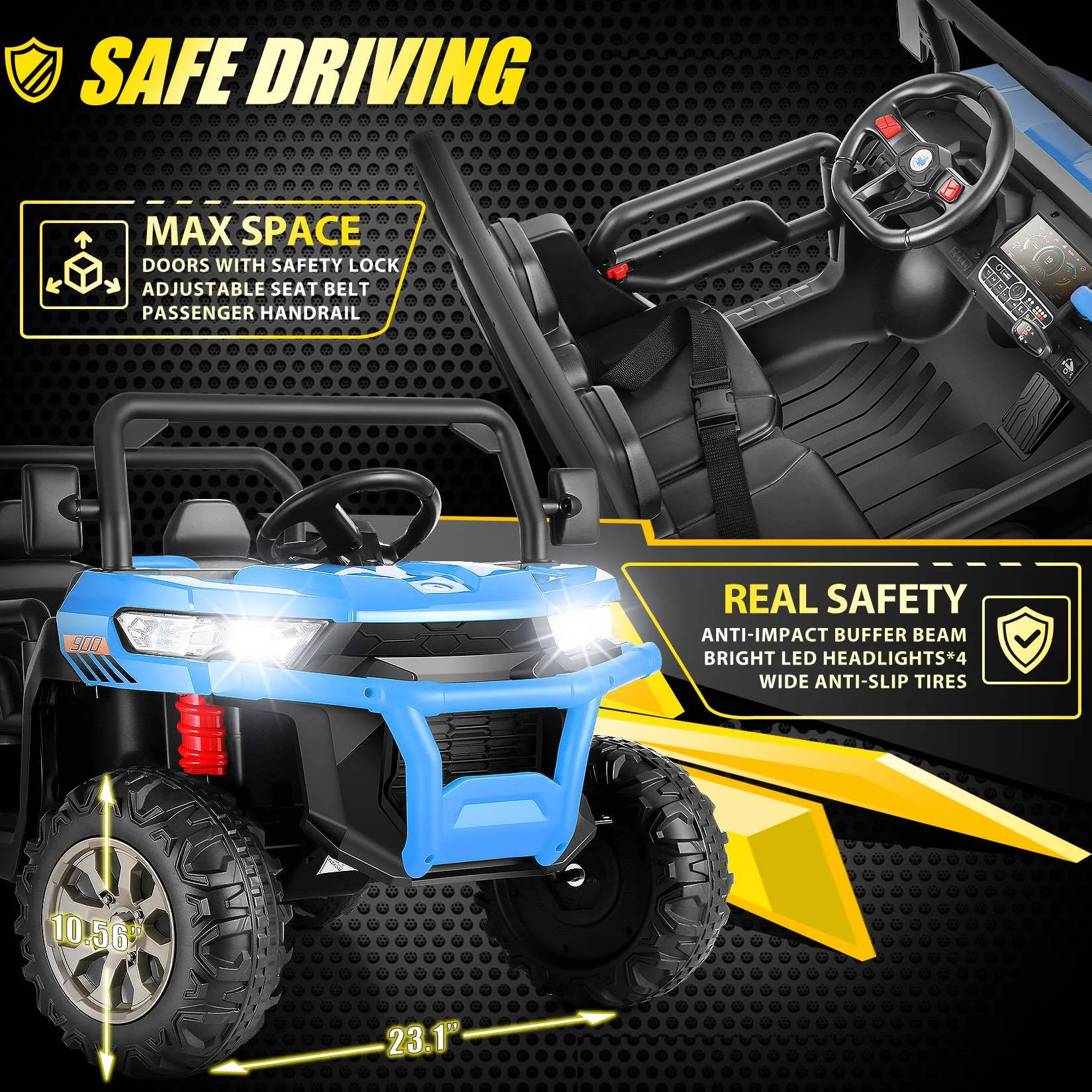 Funcid 24 V 4WD Kids Kids Ride on UTV with Remote Control, 2 Seater 6-Wheel Ride on Dump Truck Car, Ride on Toys w/ Tipping Bucket Trailer & Shovel,Bluetooth Music, Black - Womvr