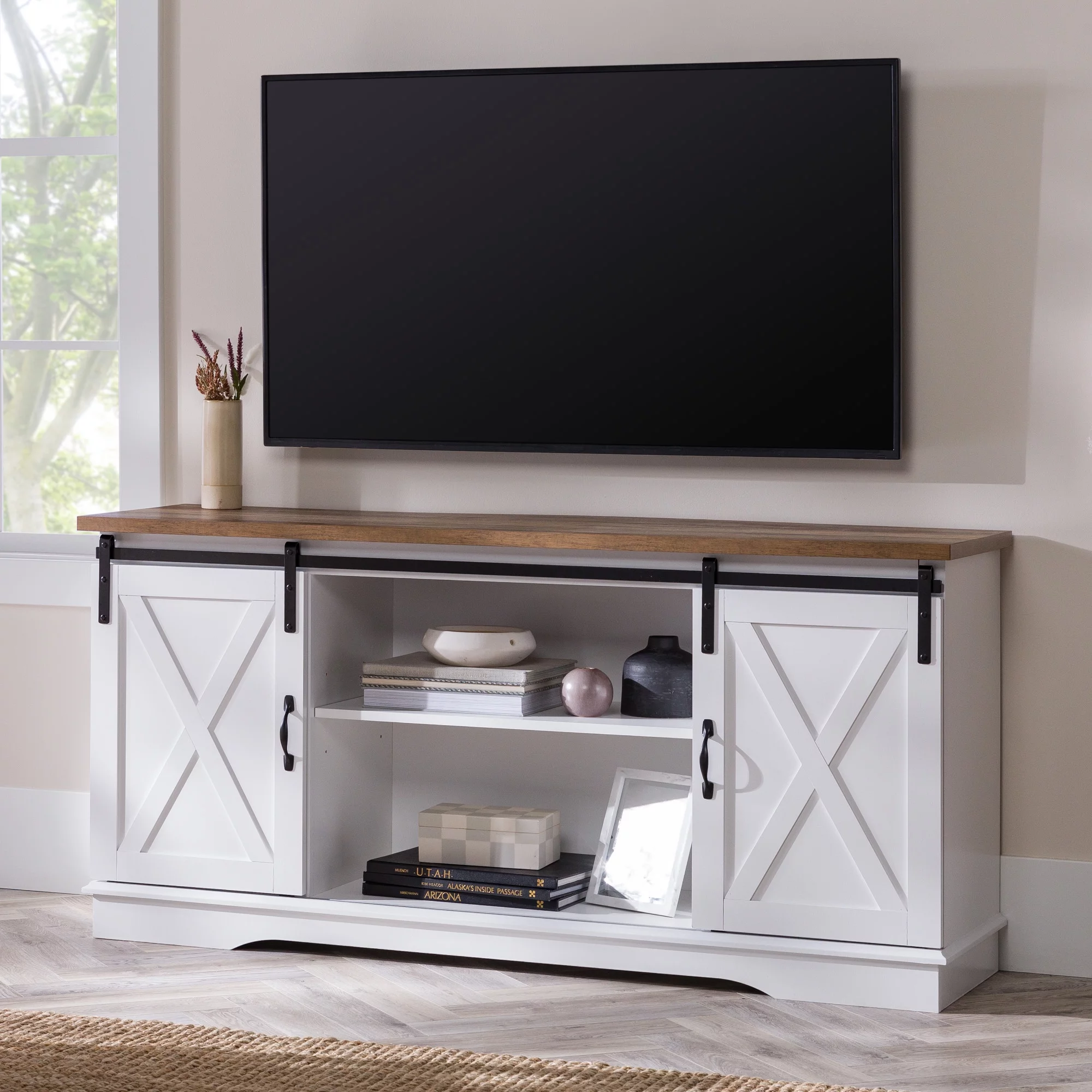 Woven Paths Farmhouse Sliding Barn Door TV Stand for TVs up to 65