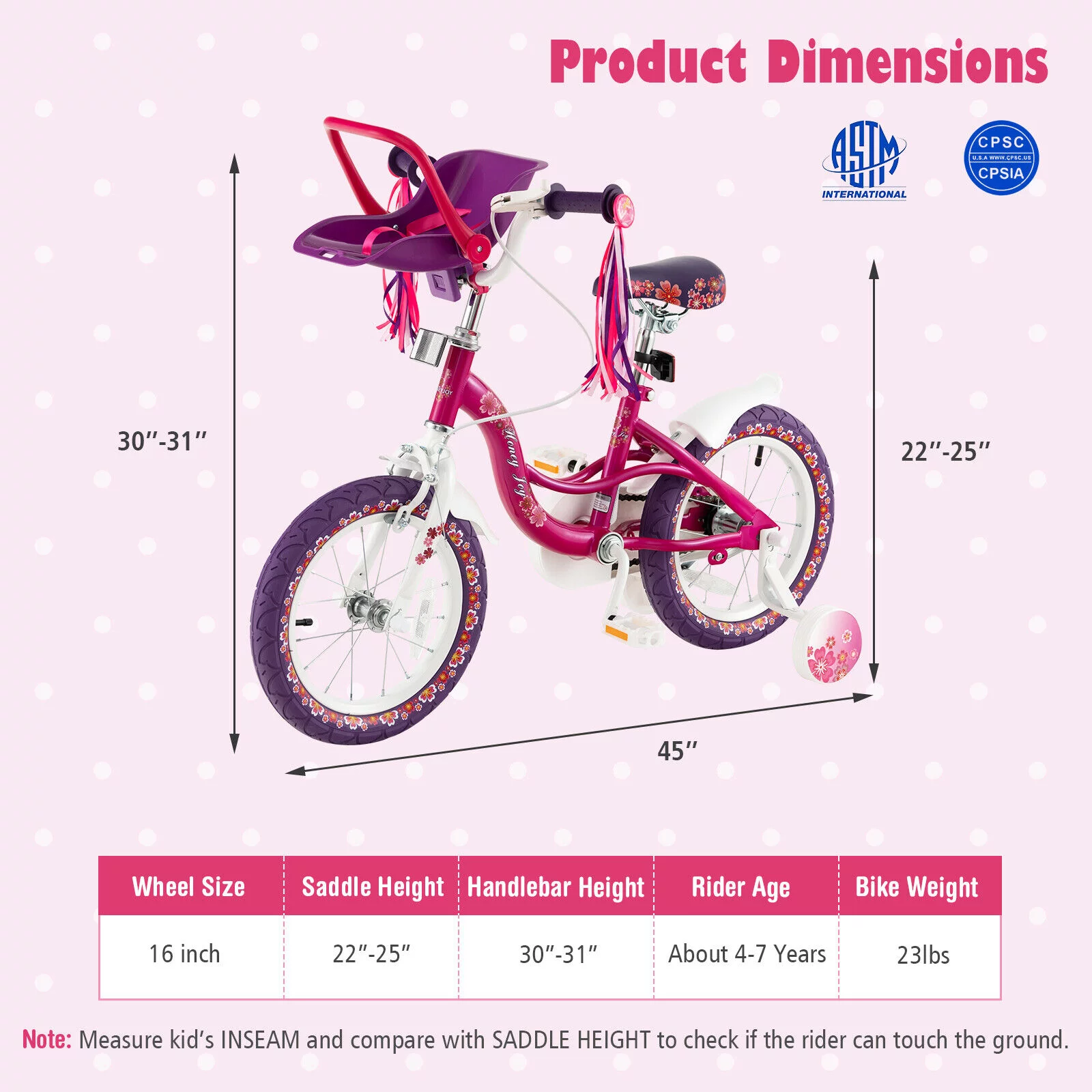 FONIRRA Kids Bike with Doll Bike Seat 16