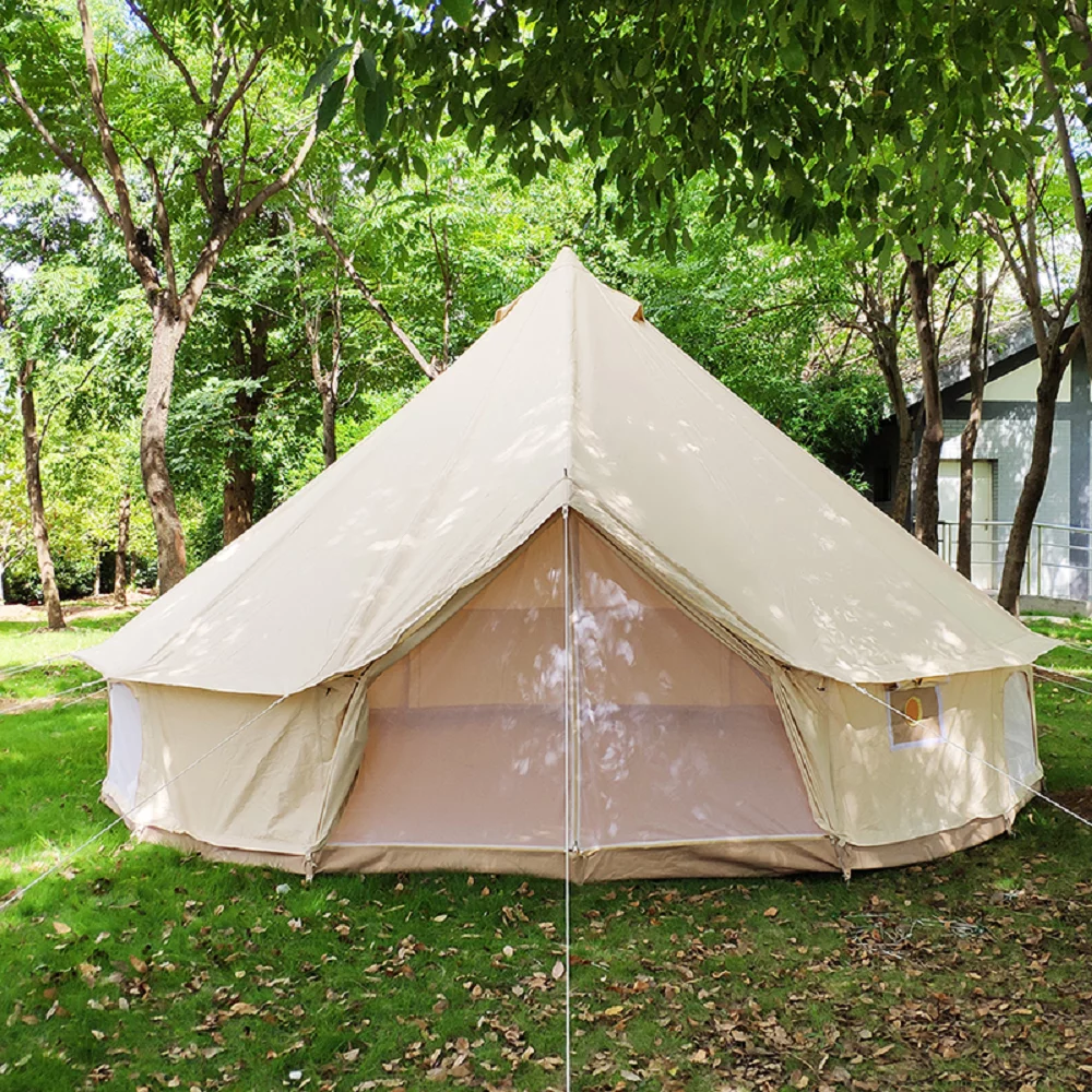 Teepee Tent Outdoor Waterproof 4-Season Family Camping Cotton Canvas Yurt Tent 4M/13.1ft Bell Tent With Stove Hole (Side Wall), For Family Glamping - Womvr