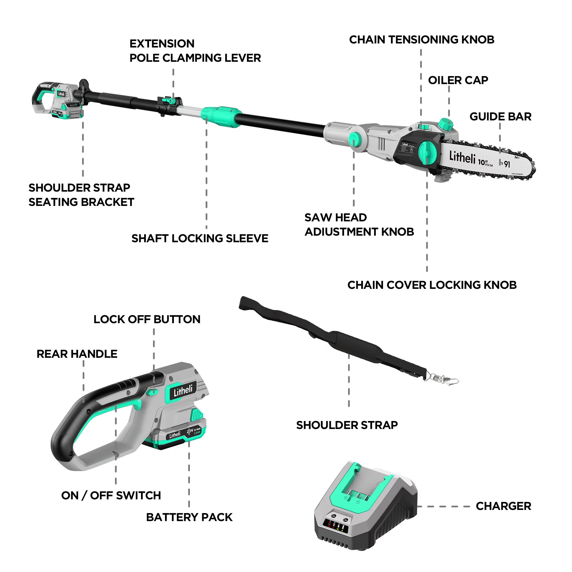 Litheli 20V 10�� Cordless Pole Saw Telescopic for Tree Trimming with 2.0Ah Battery & Charger - Womvr