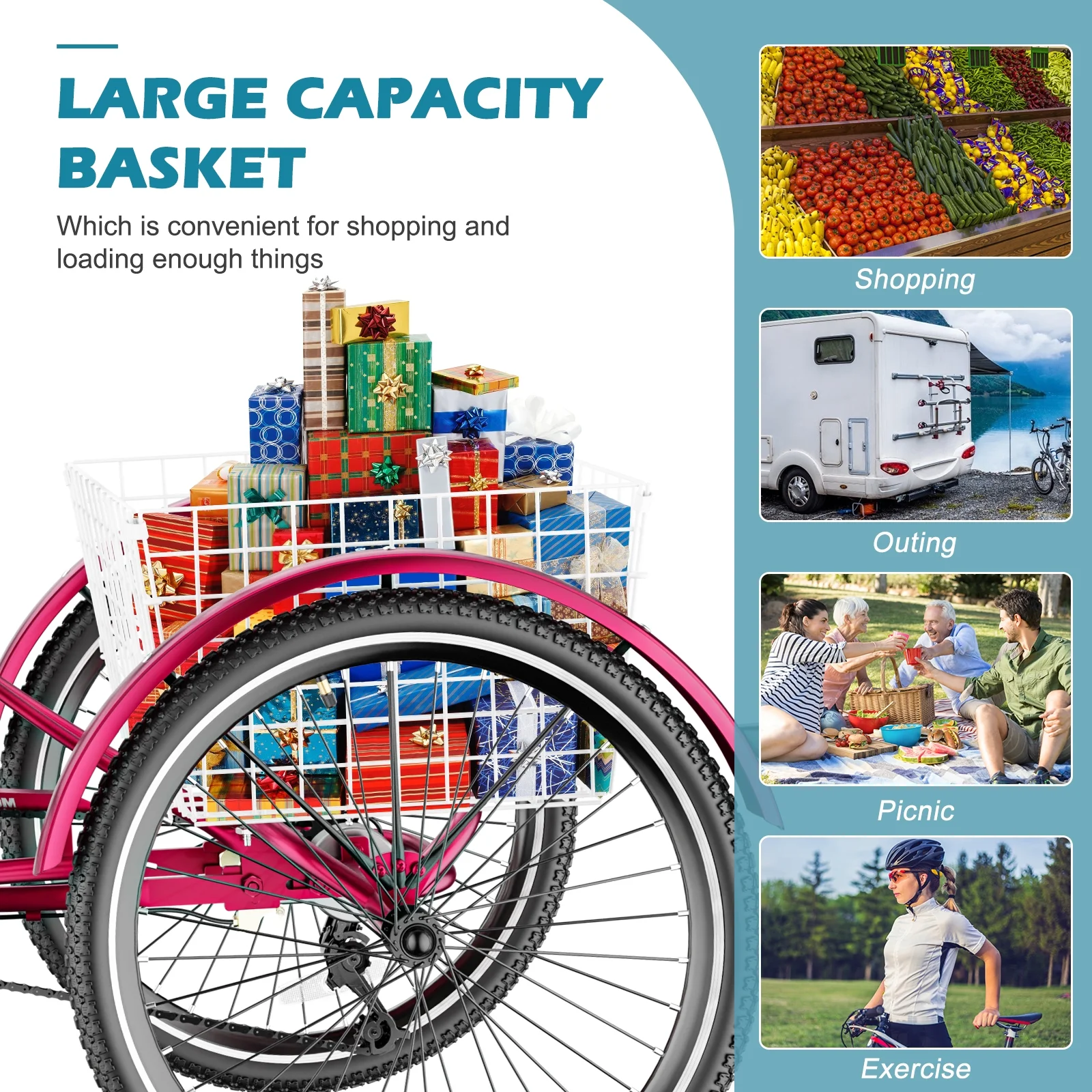 Lilypelle Adult Tricycles 7 Speed 20/24/26 Inch Three Wheel Bike Cruiser Trike with Low-Step Through Frame/Large Basket for Men, Women, Seniors - Womvr