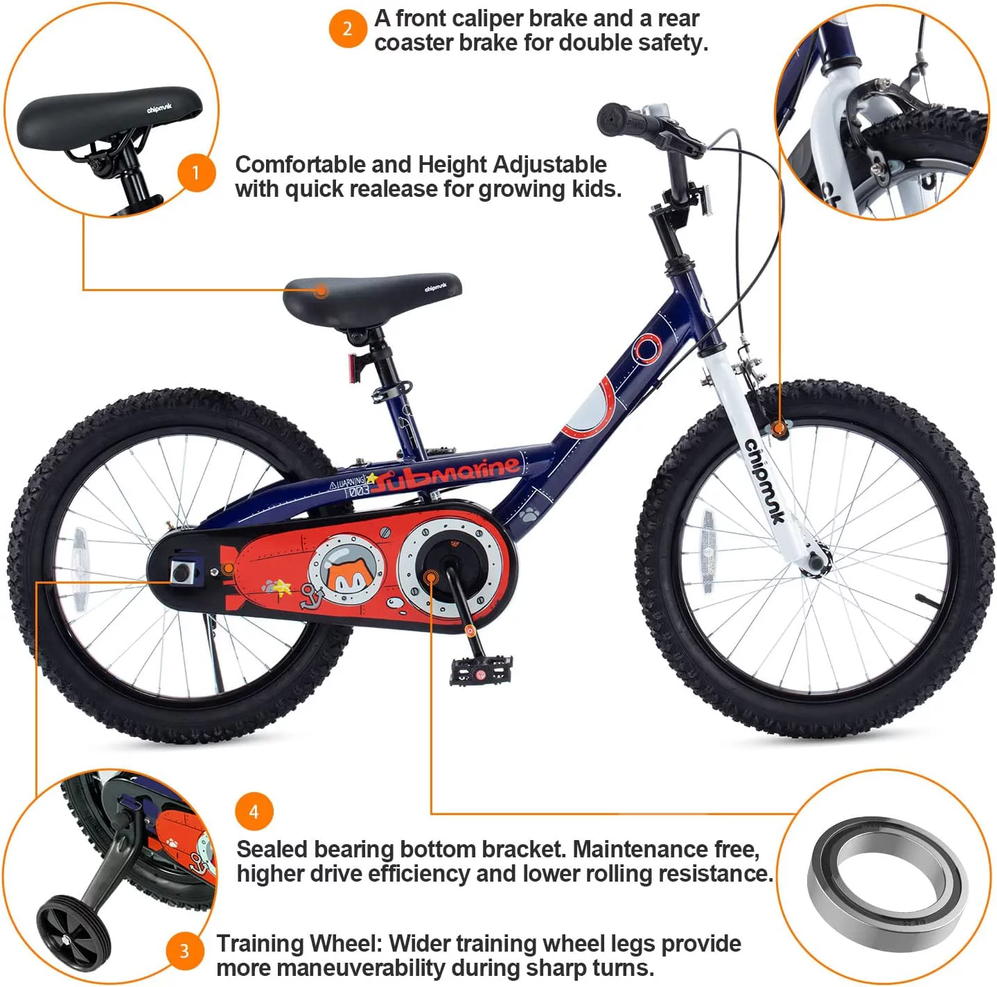 Royalbaby Chipmunk Boys Girls and Kid's Submarine Steel 18 In Bike with kickstand Blue - Womvr