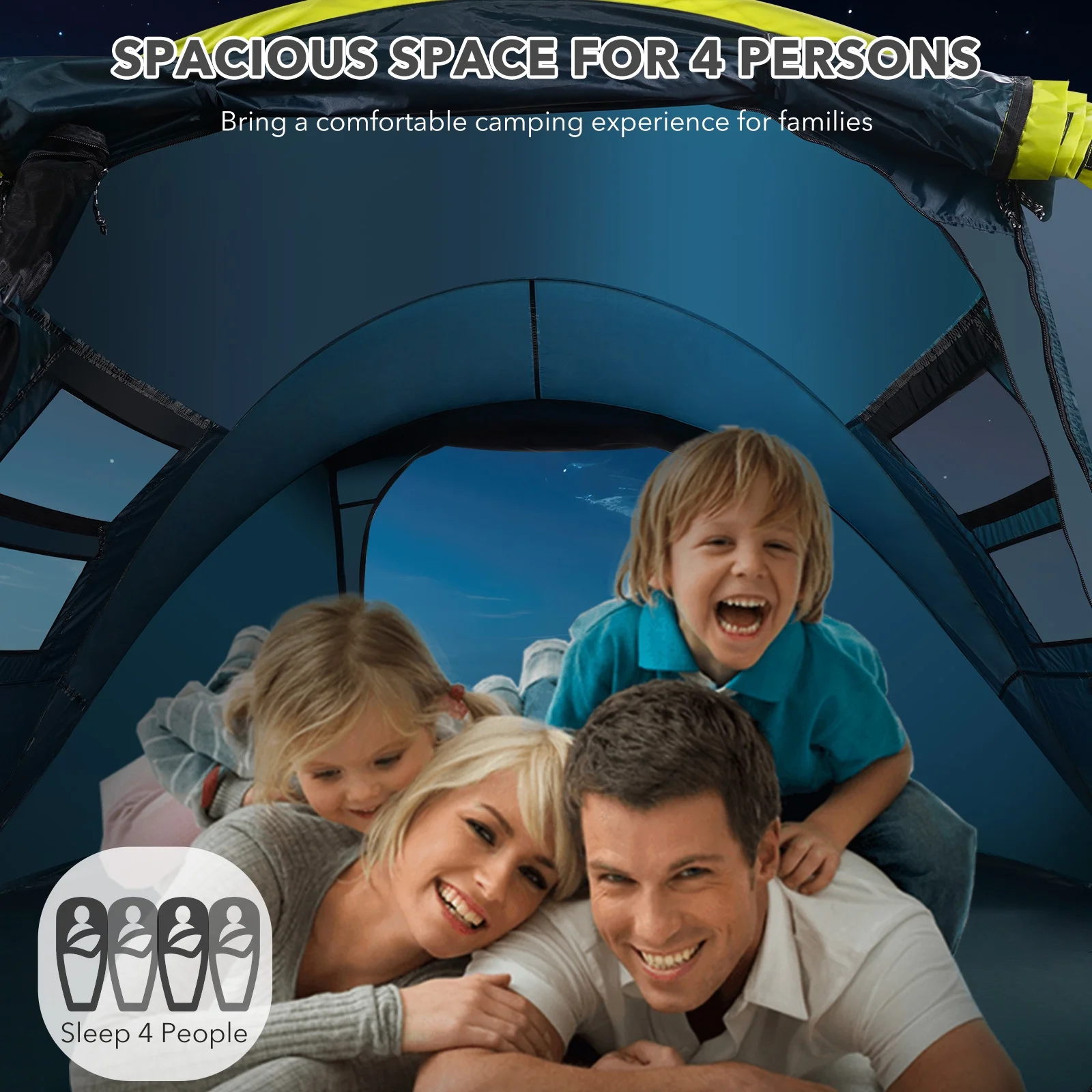 MARNUR Instant Tent 4-Person Camp Tent, Auto Setup Pop Up Tent, Waterproof, Huge Door & Windows, Dark Blue - Womvr