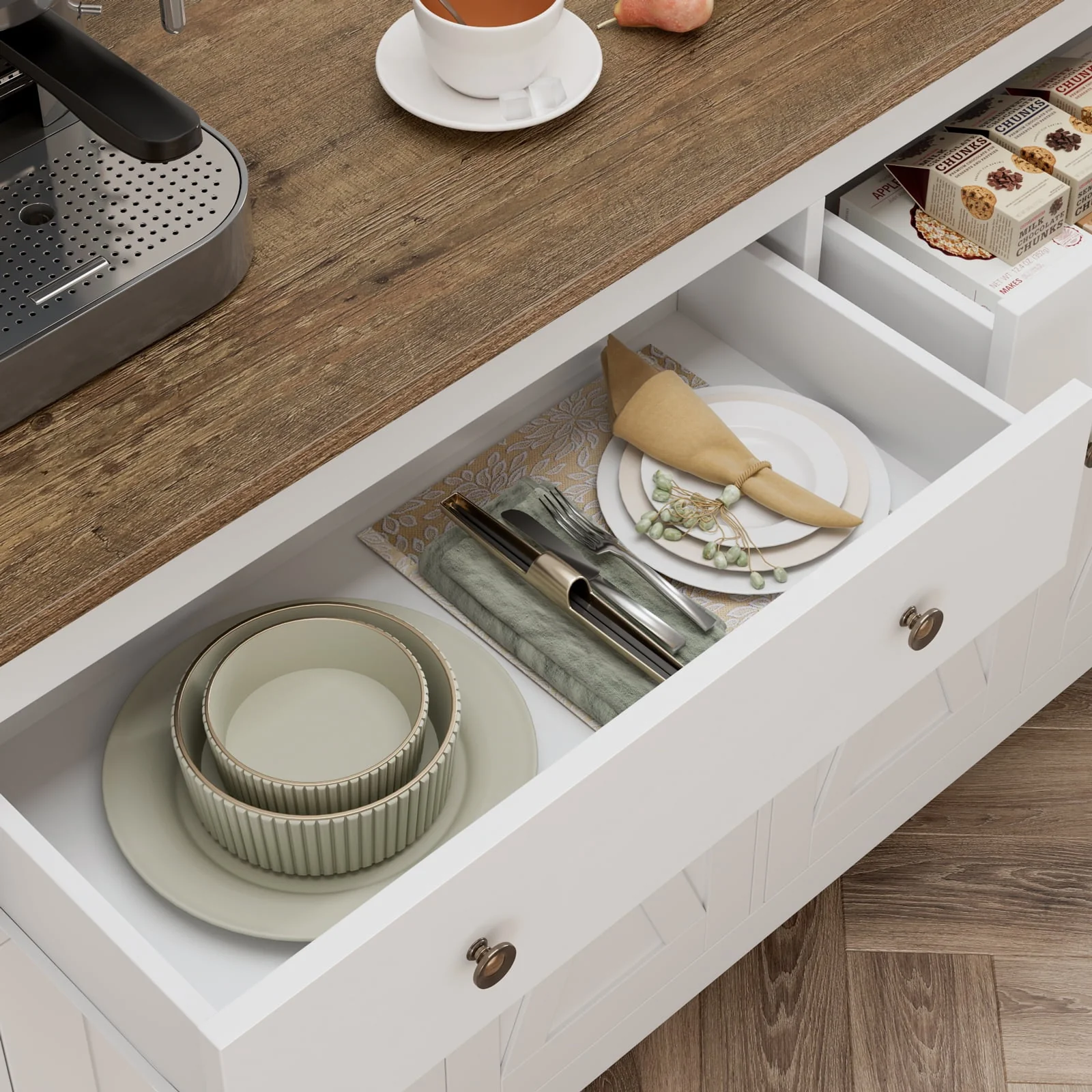 Homfa 4-Doors 2-Drawers Farmhouse Storage Cabinet, Wood Sideboard with Adjustable Shelves for Kitchen Dining Room, White - Womvr
