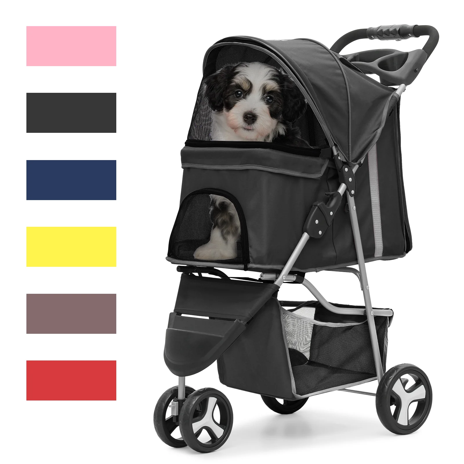 Magshion Foldable Pet Dog Stroller with Wheels, Cat Dog Stroller with Storage Basket and Cup Holder for Small and Medium Cats, Dogs, Puppy, Navy Blue - Womvr