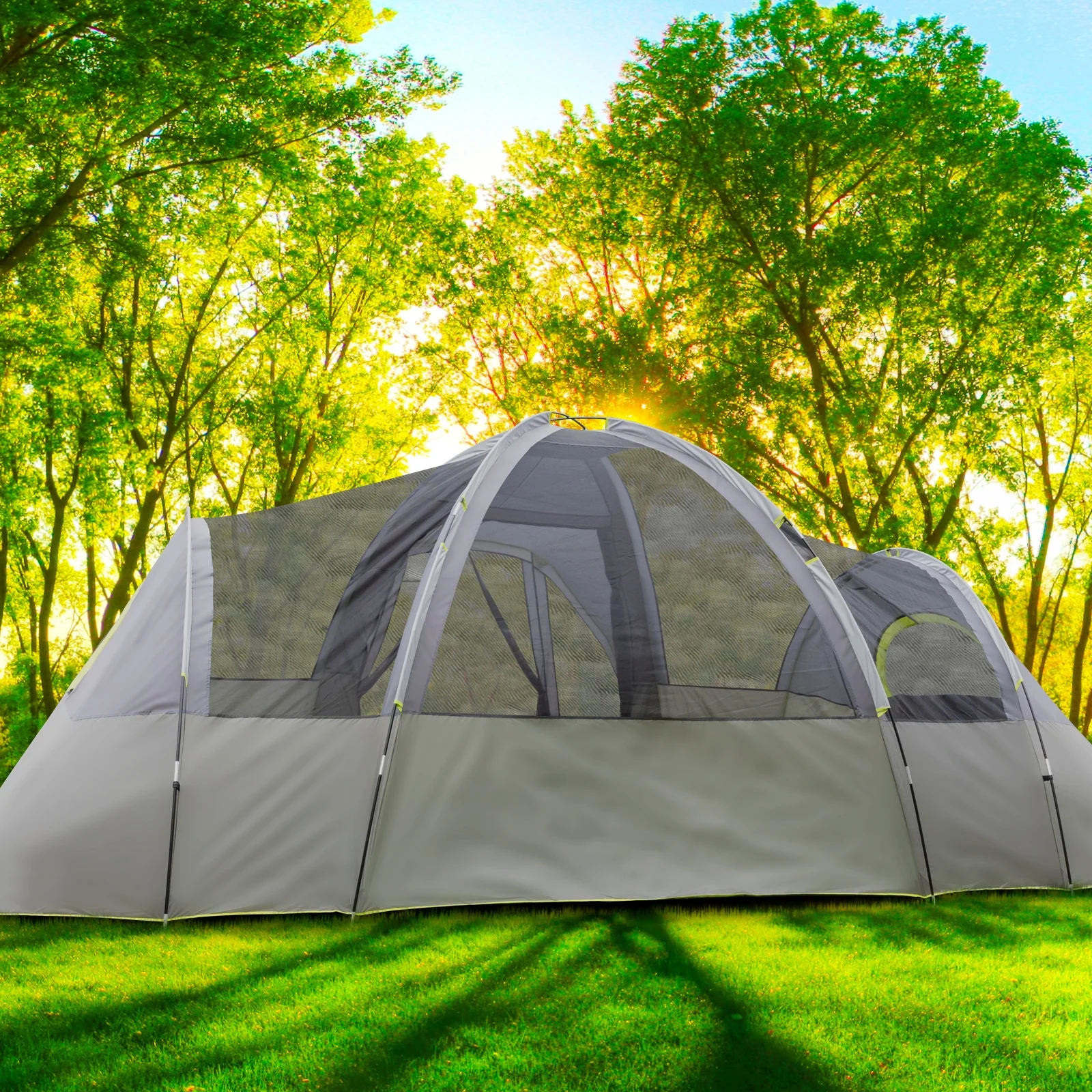 Zimtown Family Camping Tents 10 People Three Rooms Polyester Cloth Fiberglass Poles Dark Gray - Womvr