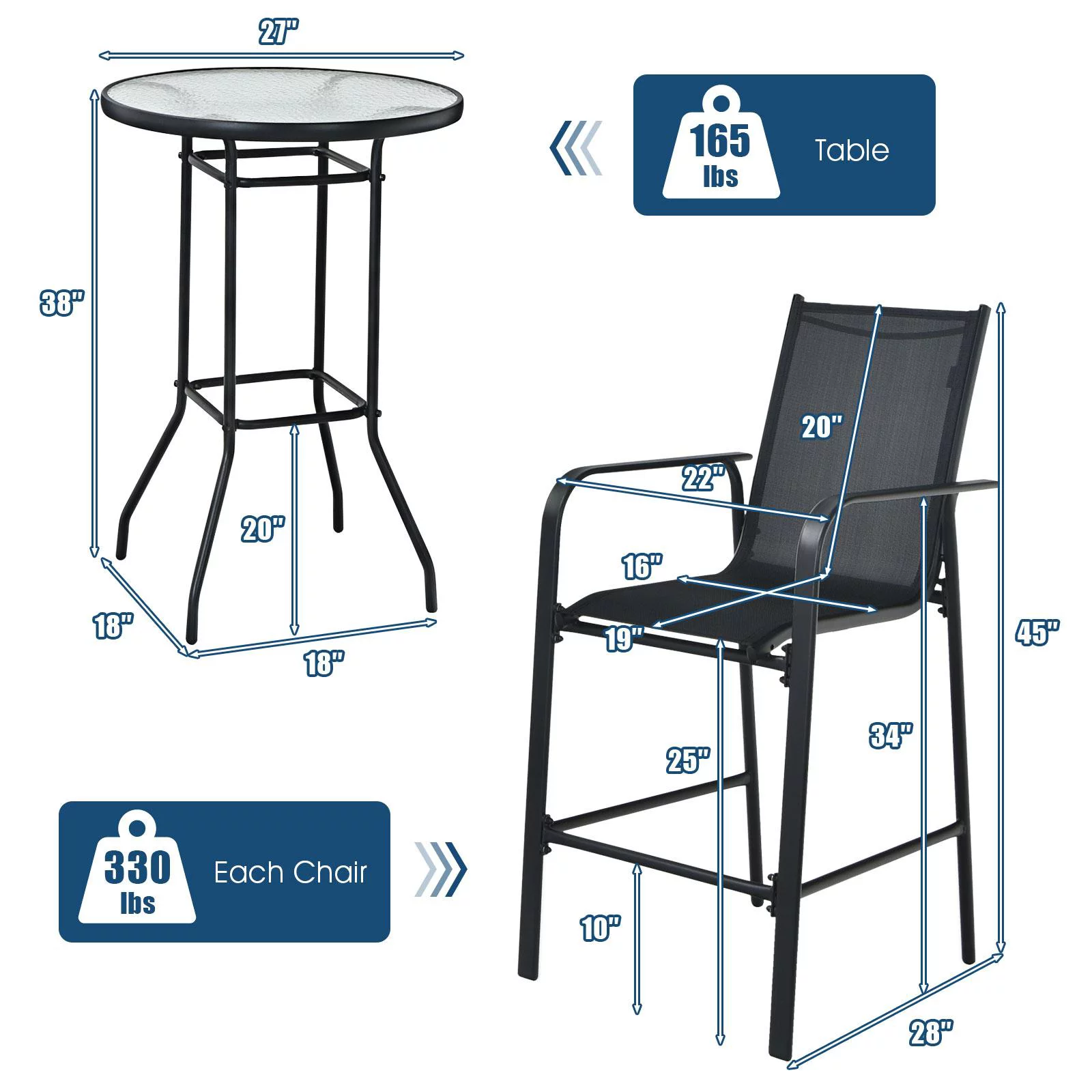 Giantex 3 Pieces Outdoor Patio Bar Set, Outdoor Bistro Set with 2 Bar Stools and 1 Tempered Glass Bar Table, Bar Height Patio Table and Stools Set for Backyard, Garden, Lawn (Black) - Womvr