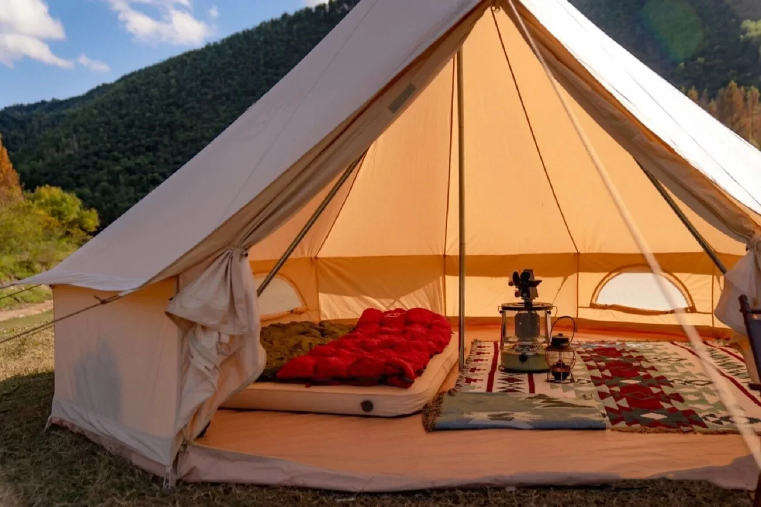 Teepee Tent Outdoor Waterproof 4-Season Family Camping Cotton Canvas Yurt Tent 4M/13.1ft Bell Tent With Stove Hole (Side Wall), For Family Glamping - Womvr