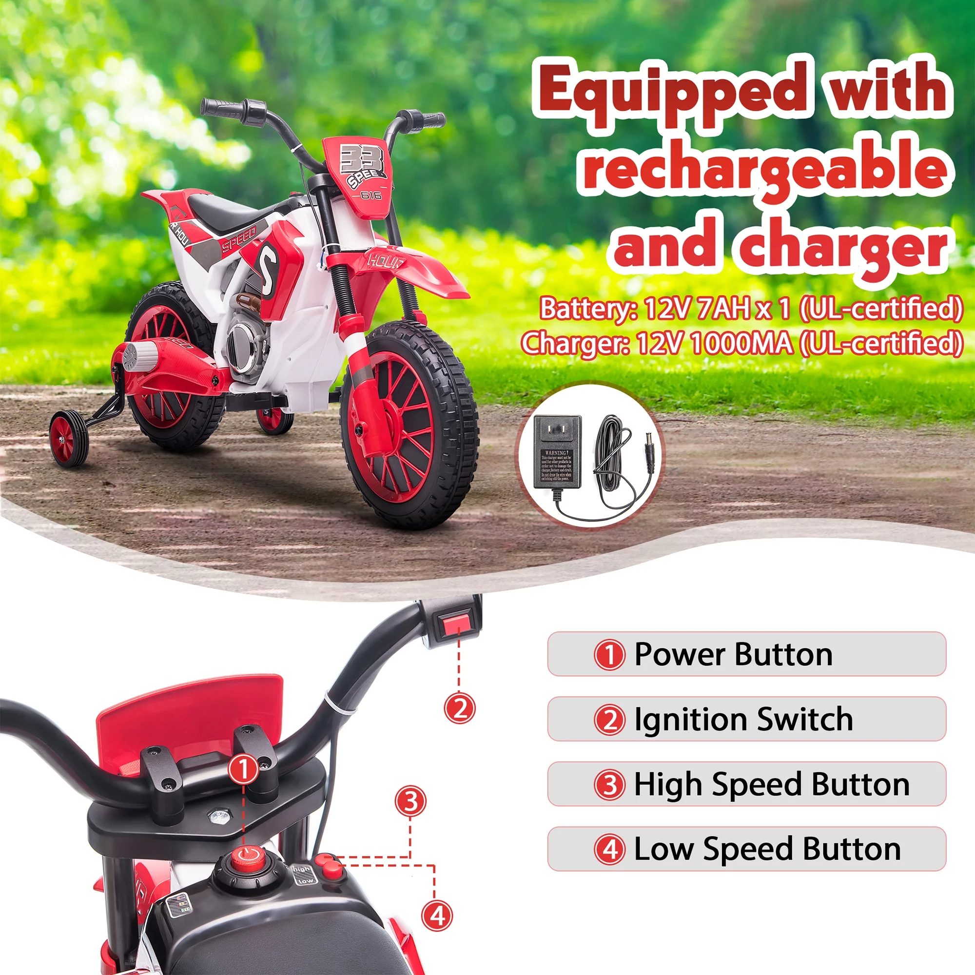 TOBBI 12V Kids Motorcycle off- Road Ride on Dirt Bike W/ Training Wheels, Age 3-8 Toddlers, Green - Womvr