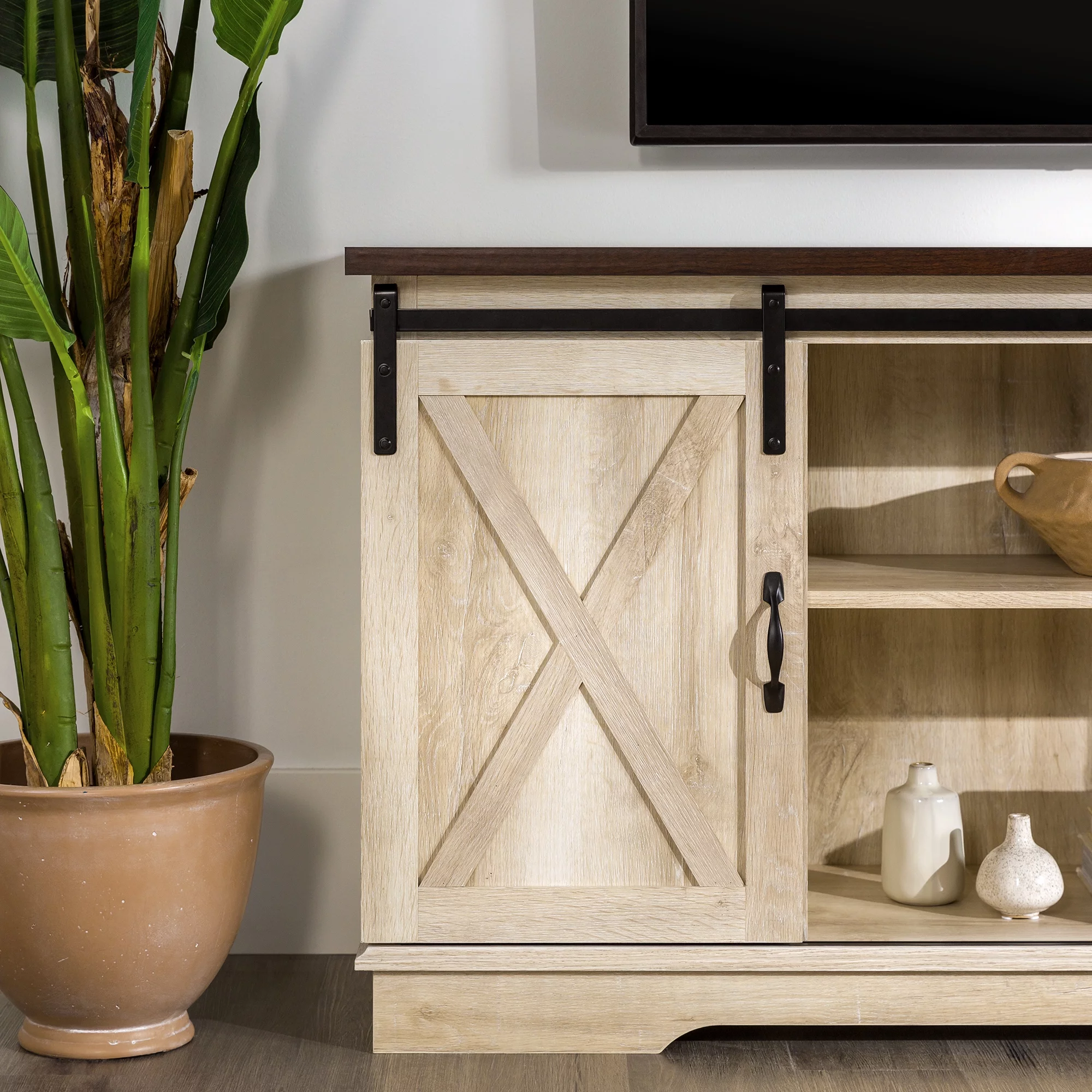 Woven Paths Farmhouse Sliding Barn Door TV Stand for TVs up to 65