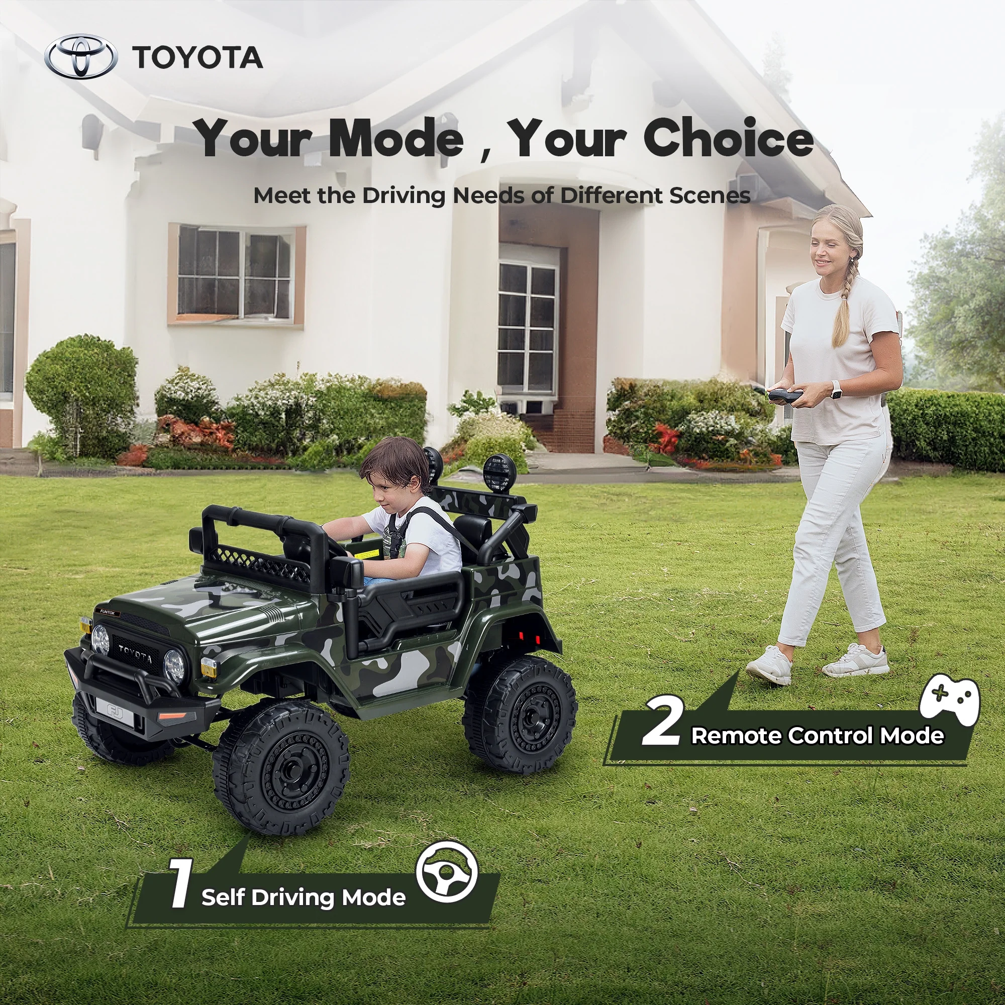 Toyota FJ Cruiser Ride on Car, 12V Powered Off-Road Toys for Kids w/ Remote,Spring Suspension,6 LED Lights,Camo Green - Womvr