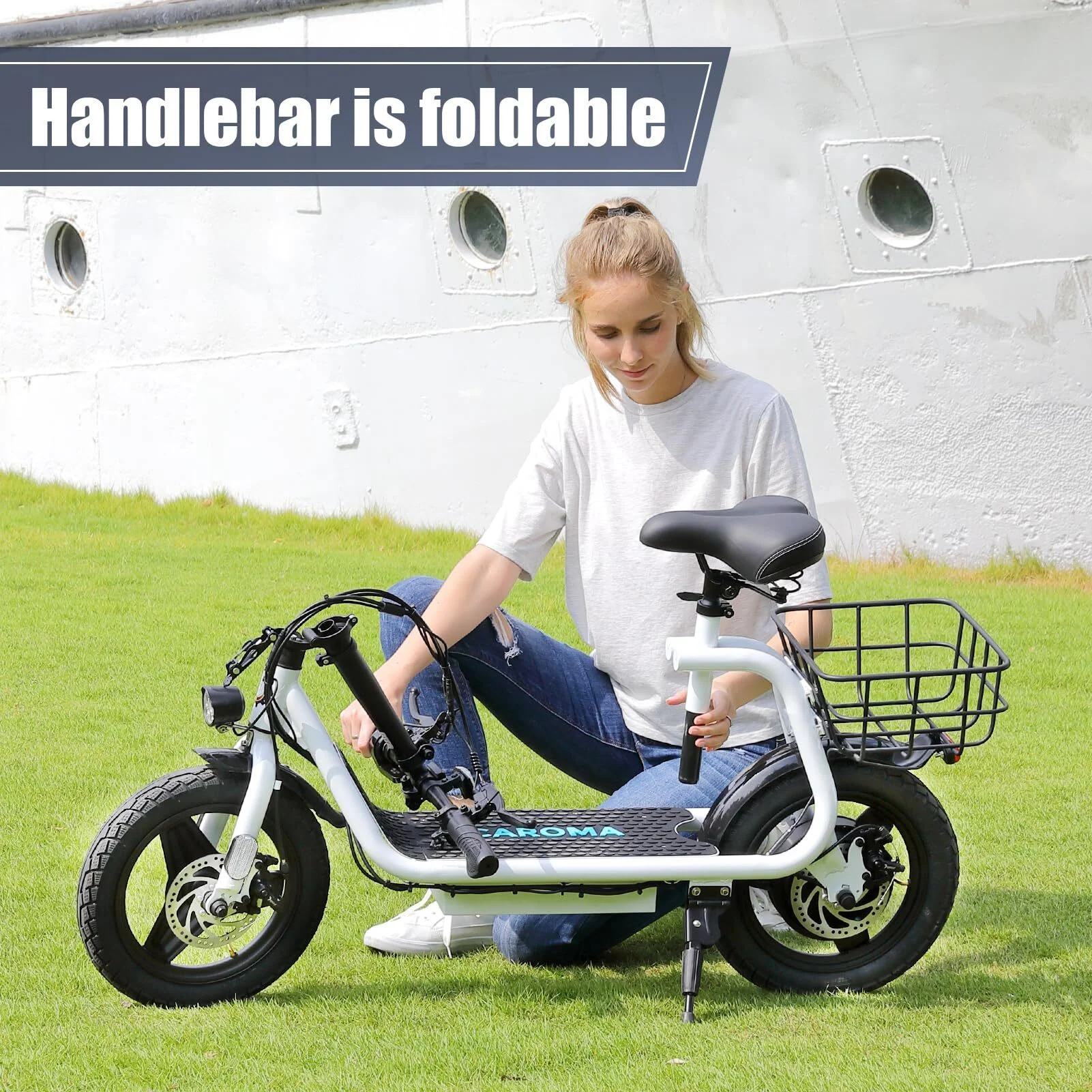 Caroma 500W Electric Scooter with Seat for Adult, 14 inch Commuter Electric Scooter with Dual Shock Absorbers and Basket - Up to 25 Miles 20 MPH, Silver - Womvr