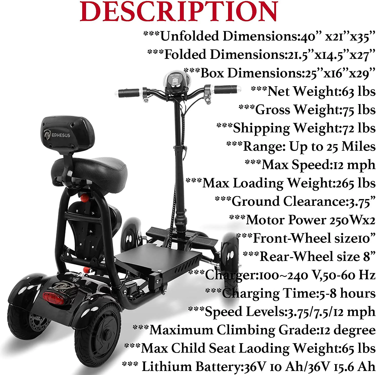 Ephesus S5 — Electric |Foldable, Lightweight, Battery Power| Four-Wheel Mobility Scooter - Womvr