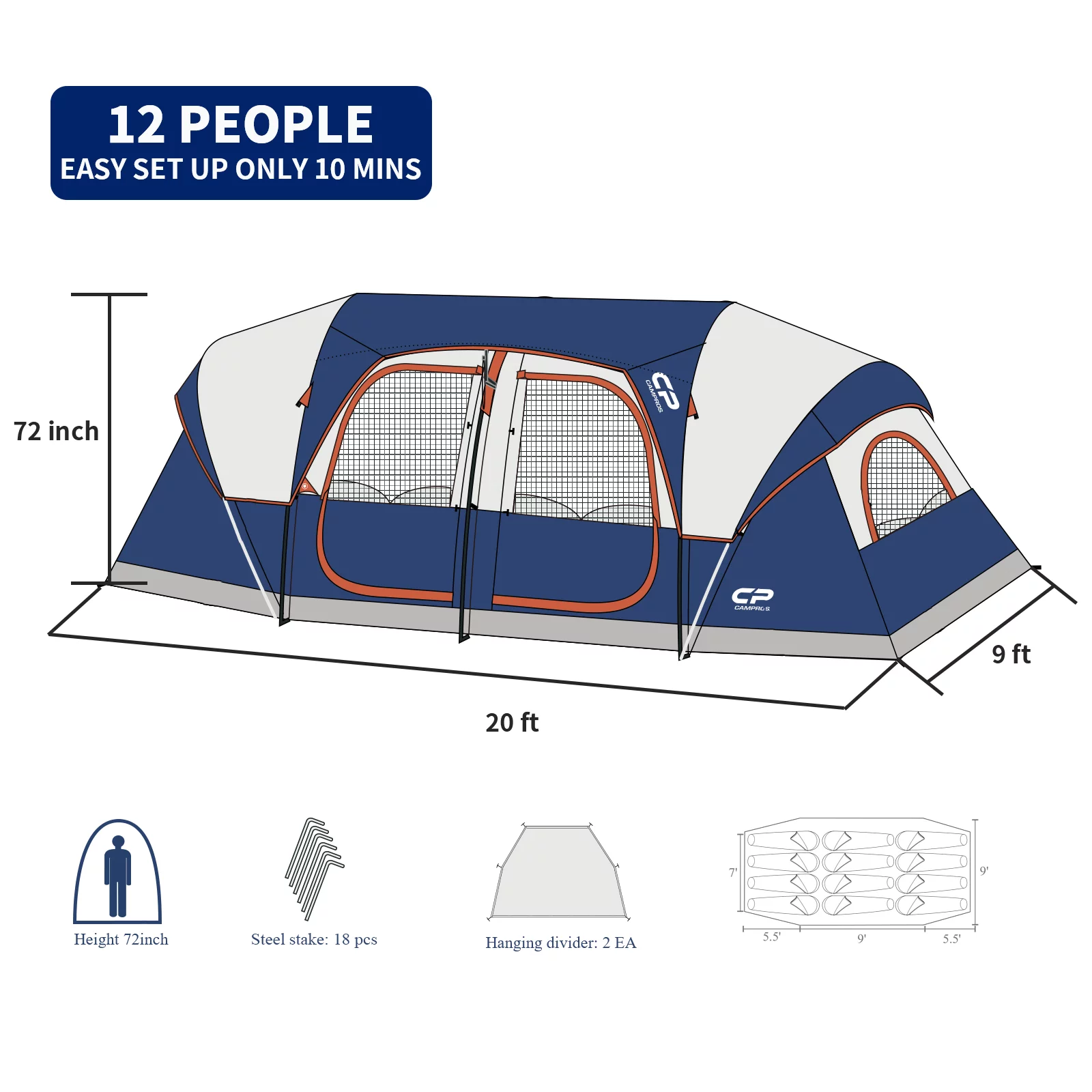 CAMPROS 12 Person Camping Tent, Easy Set up Waterproof Tent, 3 Room, Blue - Womvr