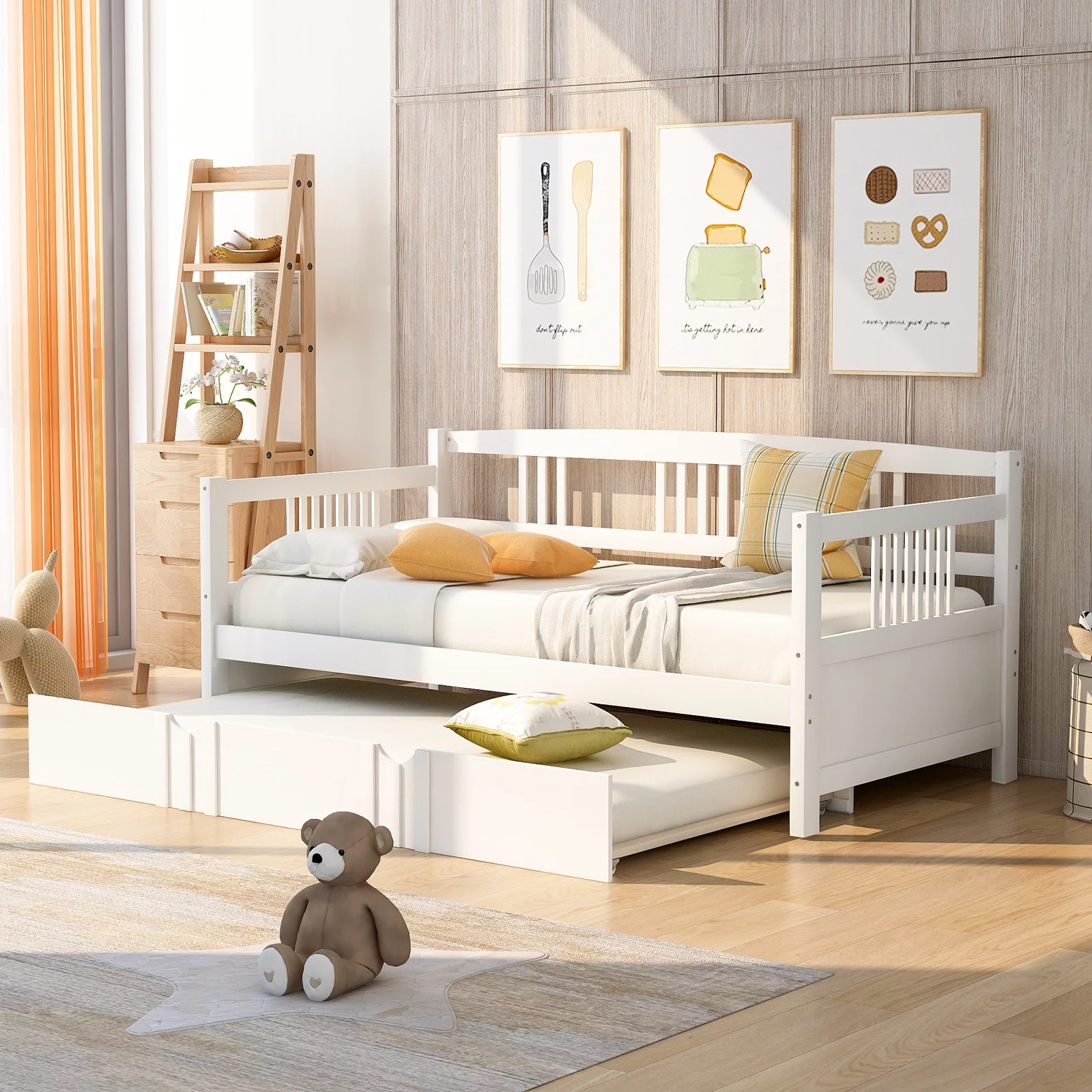 Twin Wood Daybed with Roll Out Twin Trundle. Trundle Daybed Twin Size. Standard Twin Bed Frame. No Box Spring Required Sturdy Sofa Bed for Bedroom Living Room - Womvr
