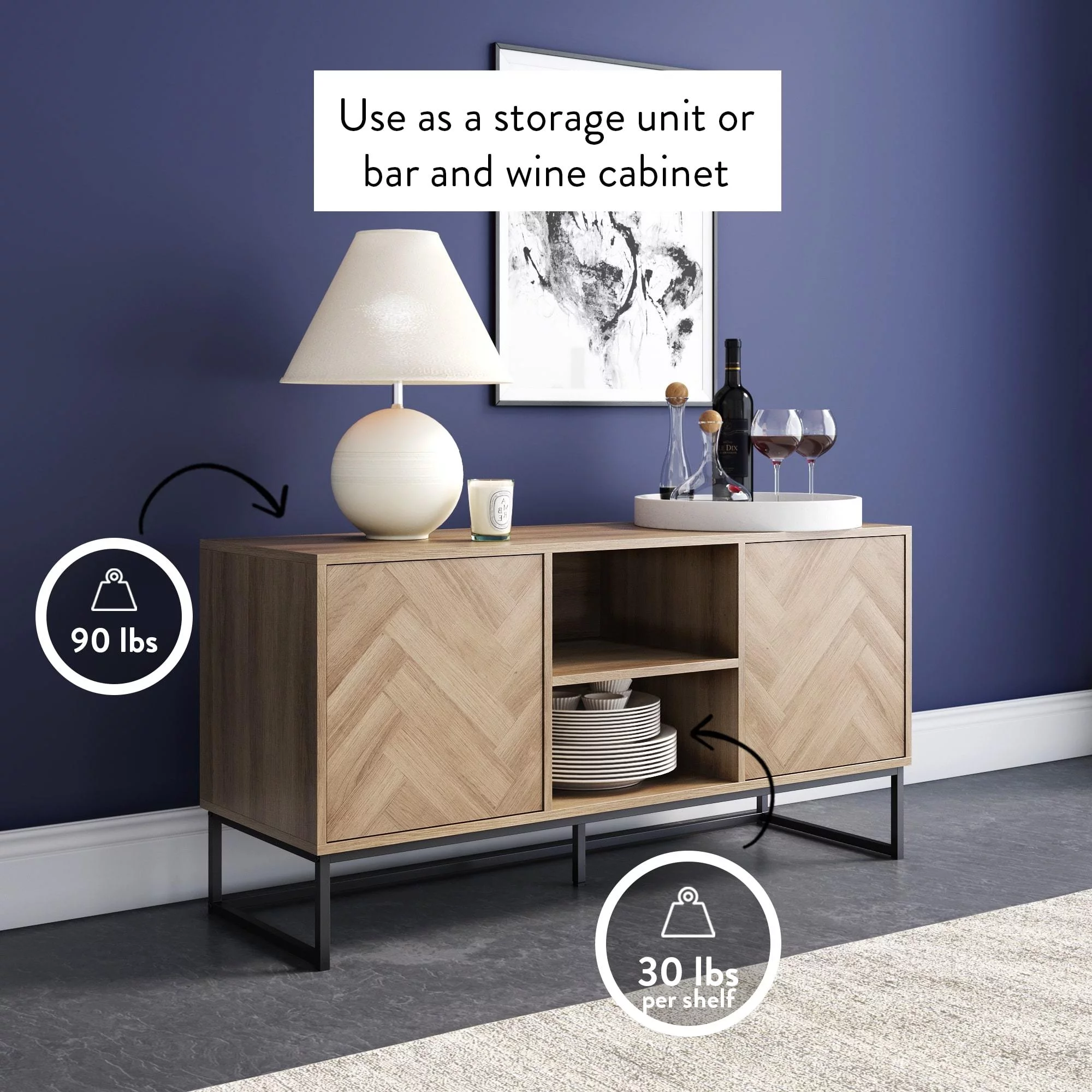 Nathan James Dylan Media Console Cabinet TV Stand with Hidden Storage Herringbone Pattern Wood Metal, Gray/Black - Womvr