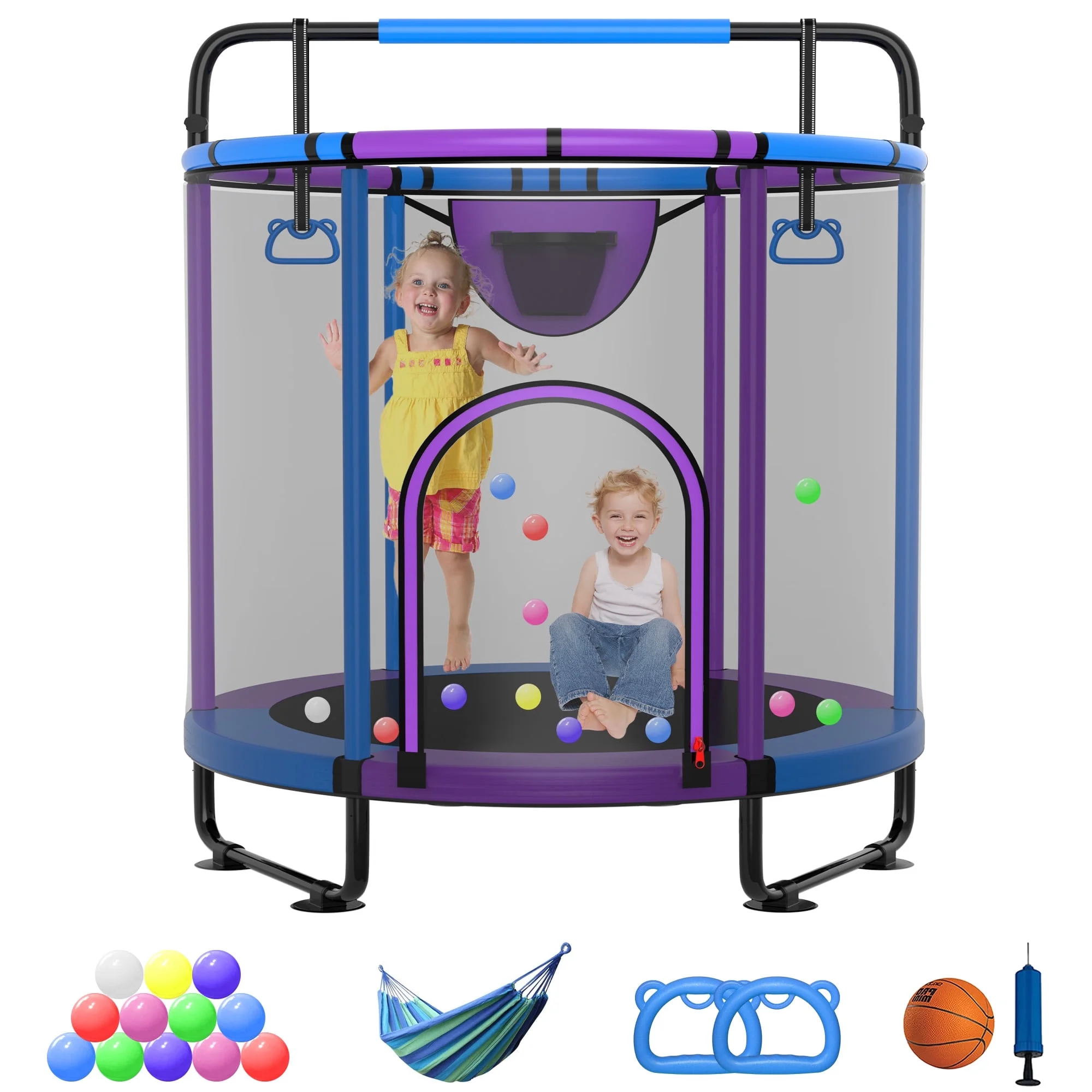 YORIN Trampoline for Kids, 60'' Mini Trampoline for Toddlers with Swing, Enclosure Net and Basketball Hoop, Indoor/Outdoor Kids Round Trampoline with Adjustable Gymnastics Bars, Gifts for Boys & Girls - Womvr