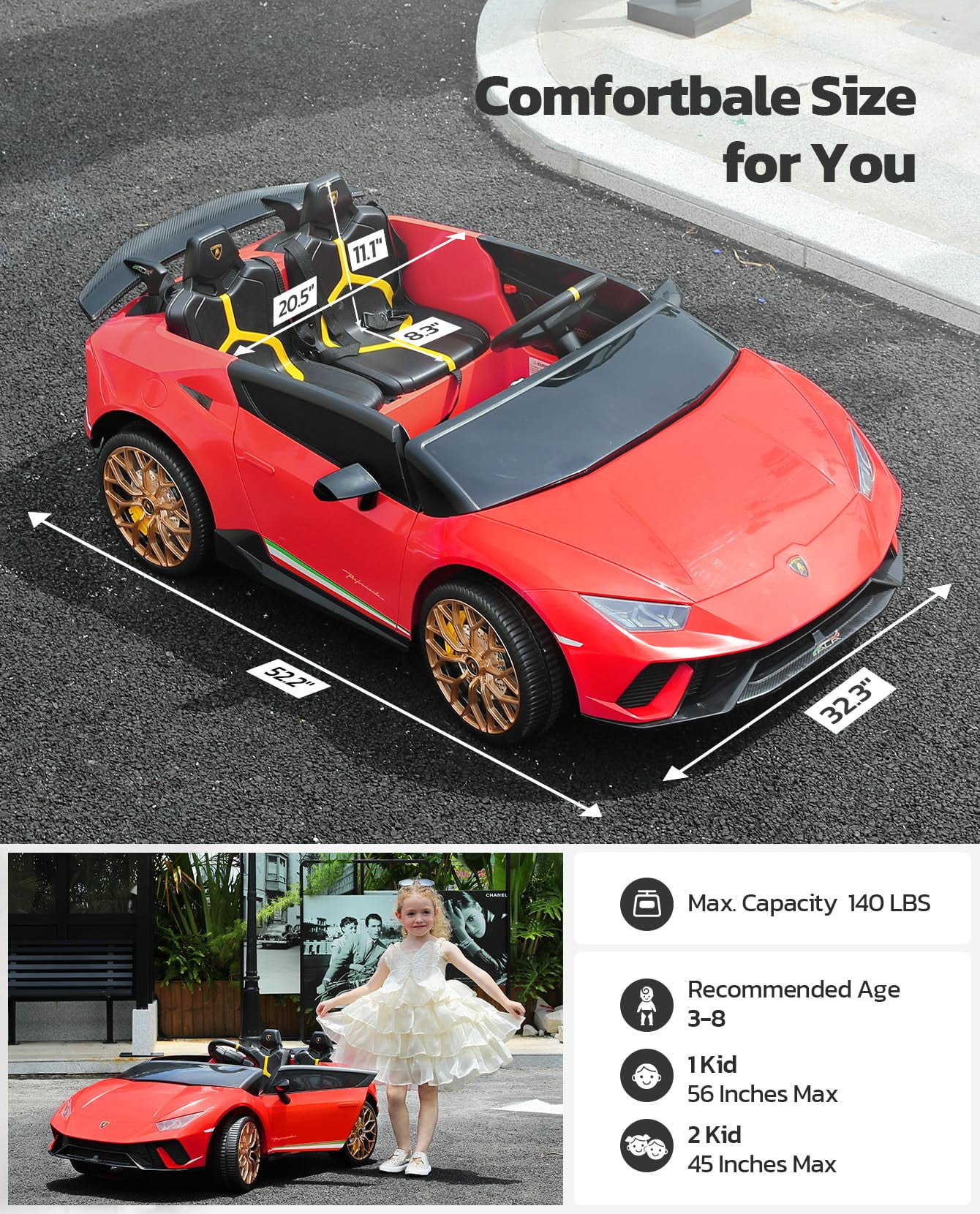 Lamborghini Huracan Ride on Car Real 2 Seater, Powered Electric Vehicle with Parent Remote, Maximum 4.0mph Ride on Toys for 3-8 Years Kids,Pink - Womvr