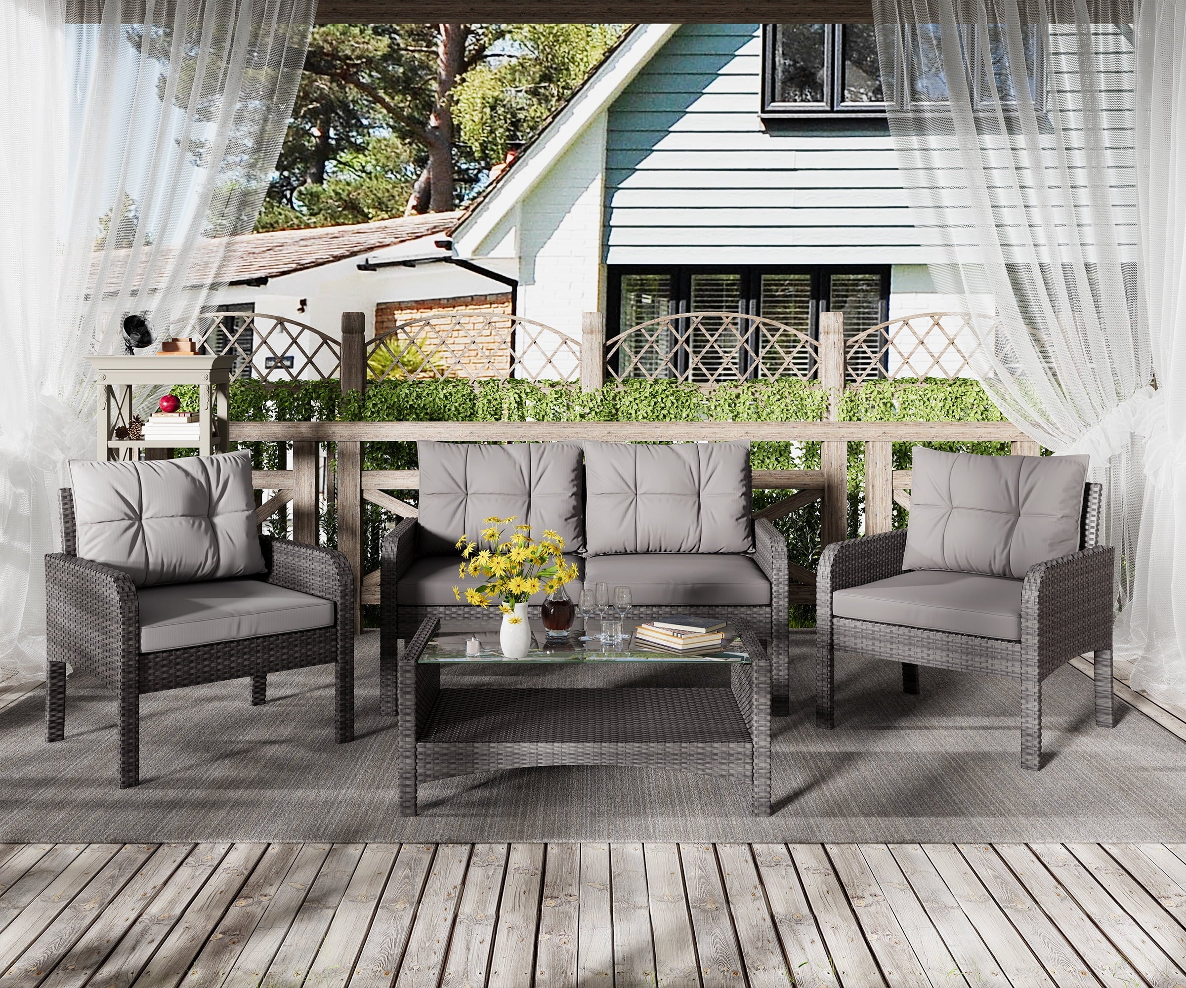 Bifanuo 4-Piece Patio Furniture Set Outdoor Rattan Wicker Sofa Set with Cushions & Coffee Table, Conversation Sofa Set with Tempered Glass Table Top - Womvr