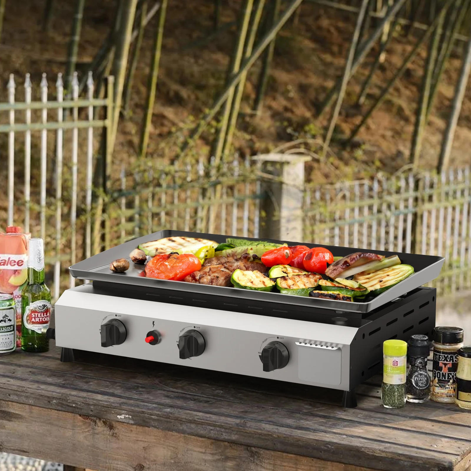 SKOK 3 Burner Gas Griddle-Outdoor Propane Griddle-BTU Propane Fuelled, Portable Flat Top Gas Grill Camping Griddle Station with Side Shelves for Kitchen - Womvr